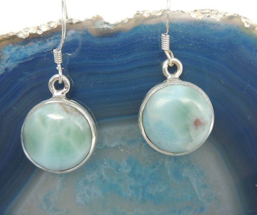 Echte Larimar 925 Silber Ohrhanger,Atlantis Stein Ohrschmuck 15 mm Handarbeit
