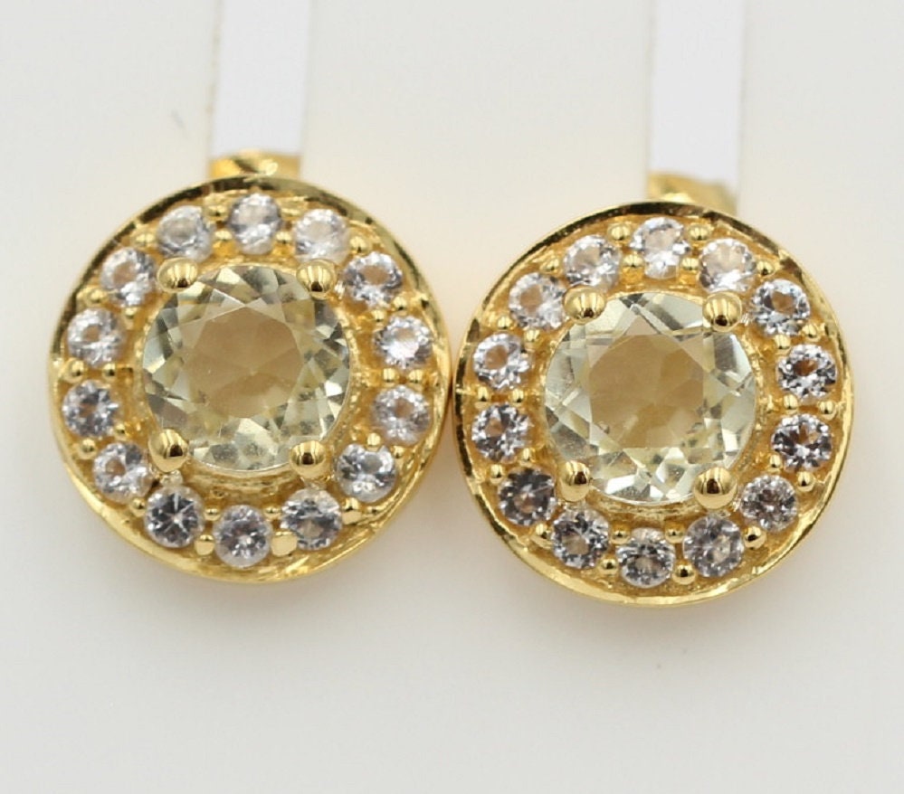 Edler 1,4 Carat Lemonquarz Weißopas Ohrstecker 925 Silber Edelstein Schmuck