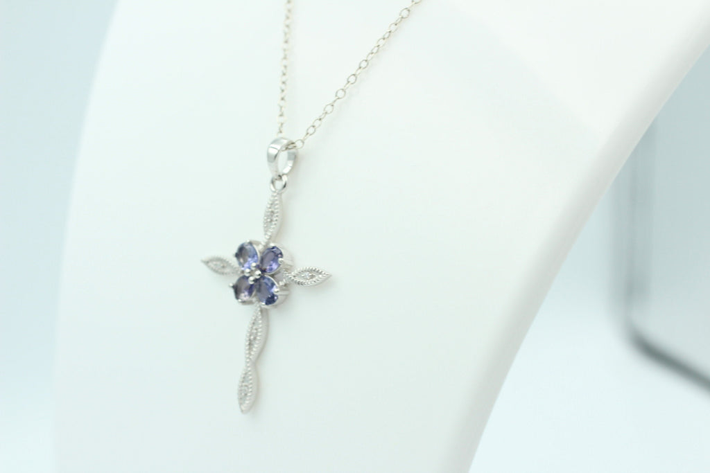 1,6 Carat Iolith Kreuz Anhänger 925 Silber Collier Kette Wassersaphir Luchssaphir