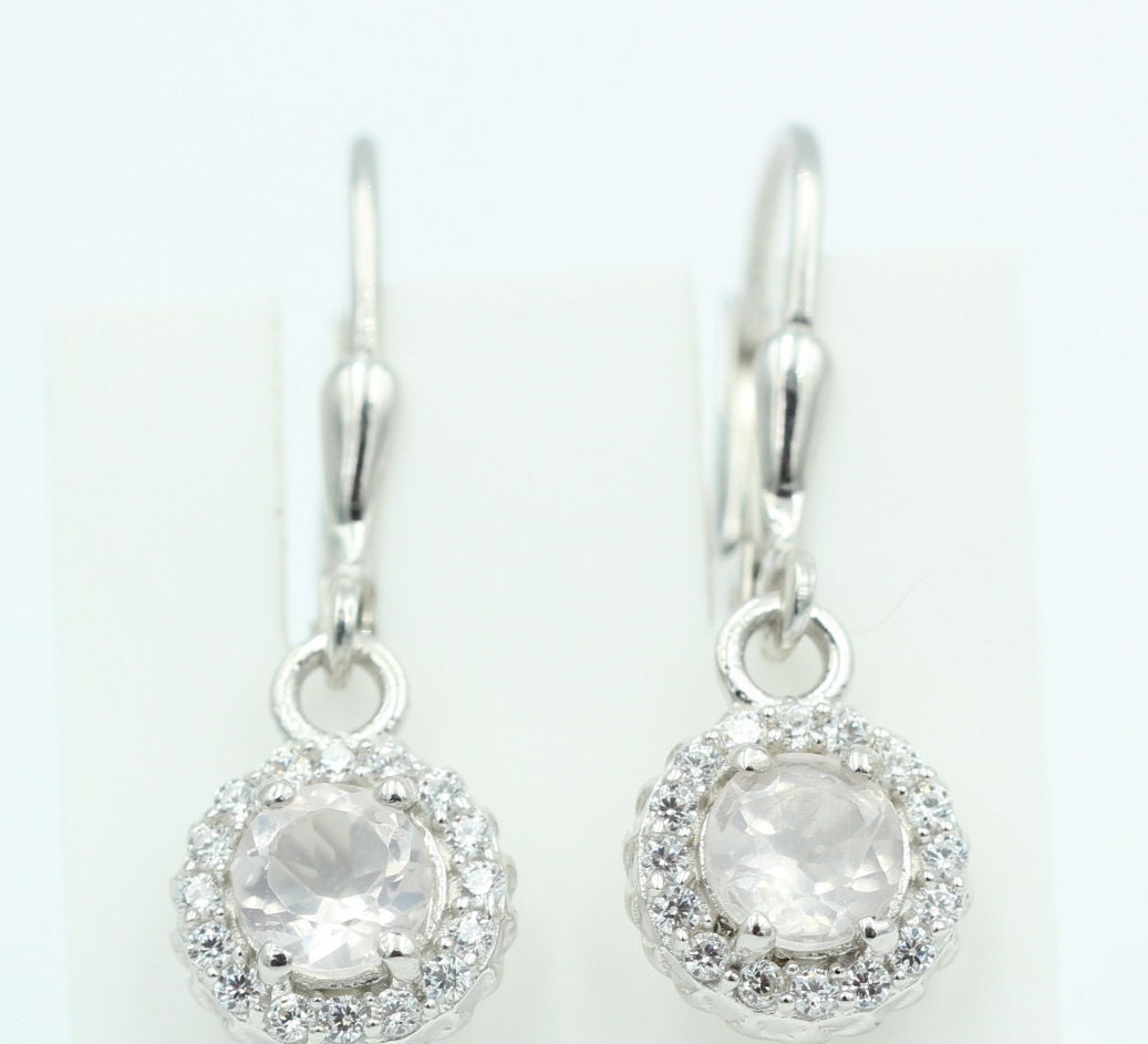Edle 1,2 Carat Rosenquarz Brisur 925 Silber Ohrhänger Ohrstecker mit Zirkonia