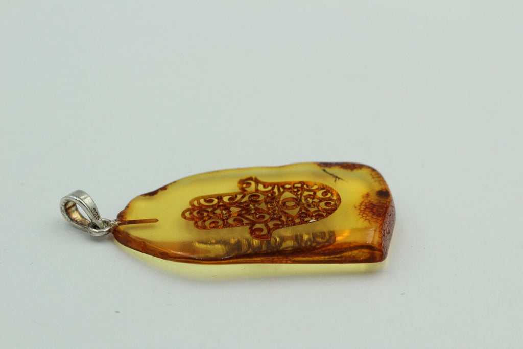 Hand der Fatima Bernstein Anhänger 925 Silber Collier Kette Bernsteinanhänger