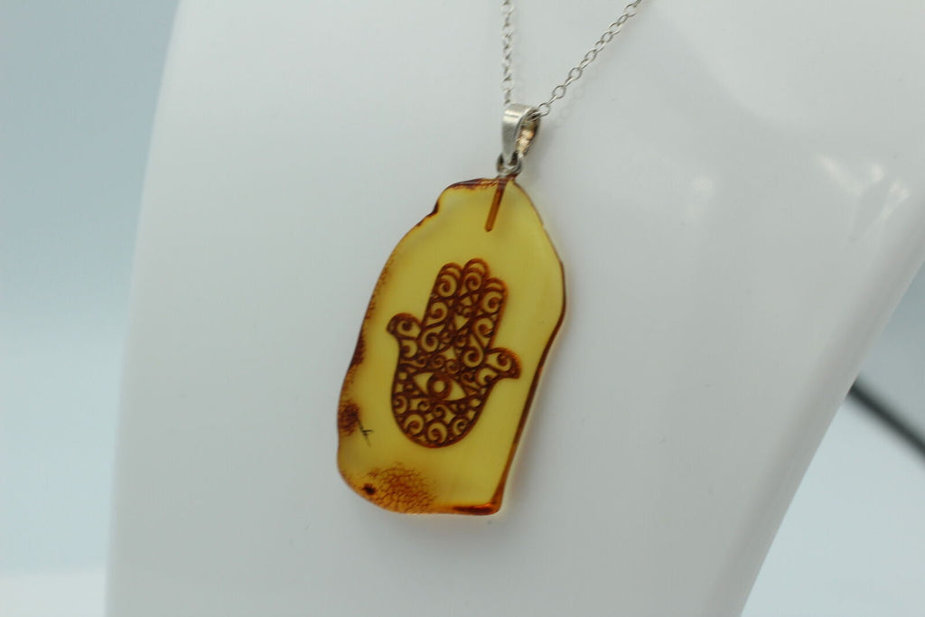Hand der Fatima Bernstein Anhänger 925 Silber Collier Kette Bernsteinanhänger