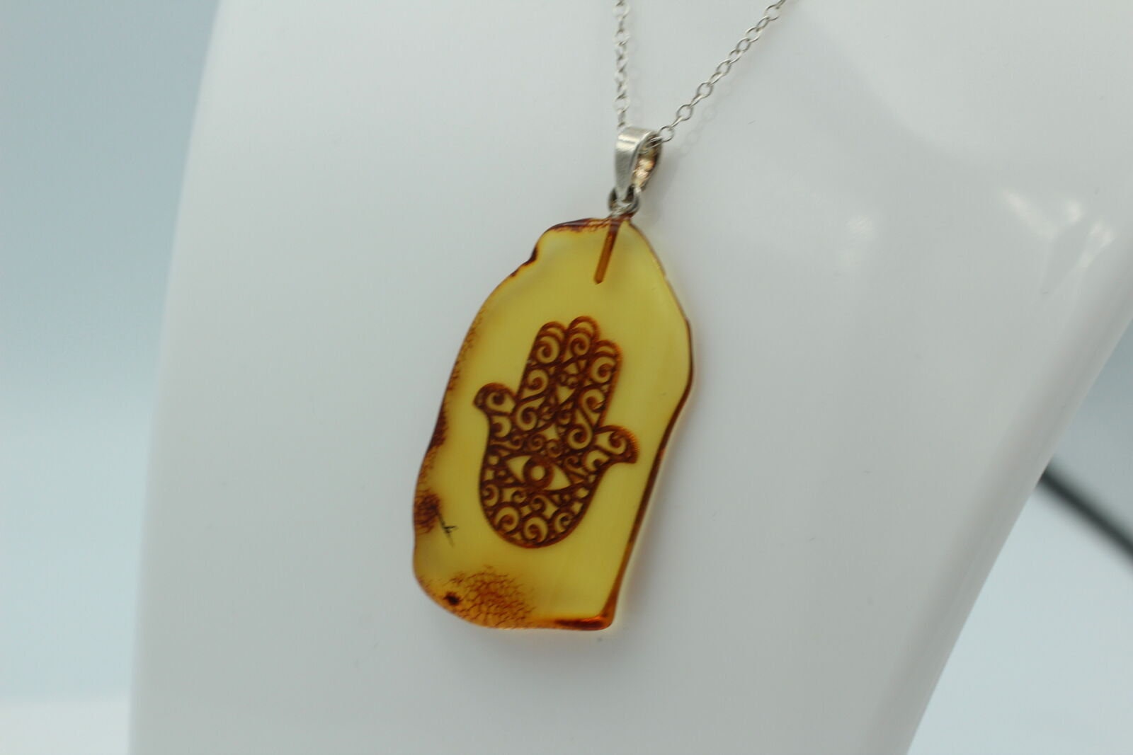 Hand der Fatima Bernstein Anhänger 925 Silber Collier Kette Bernsteinanhänger