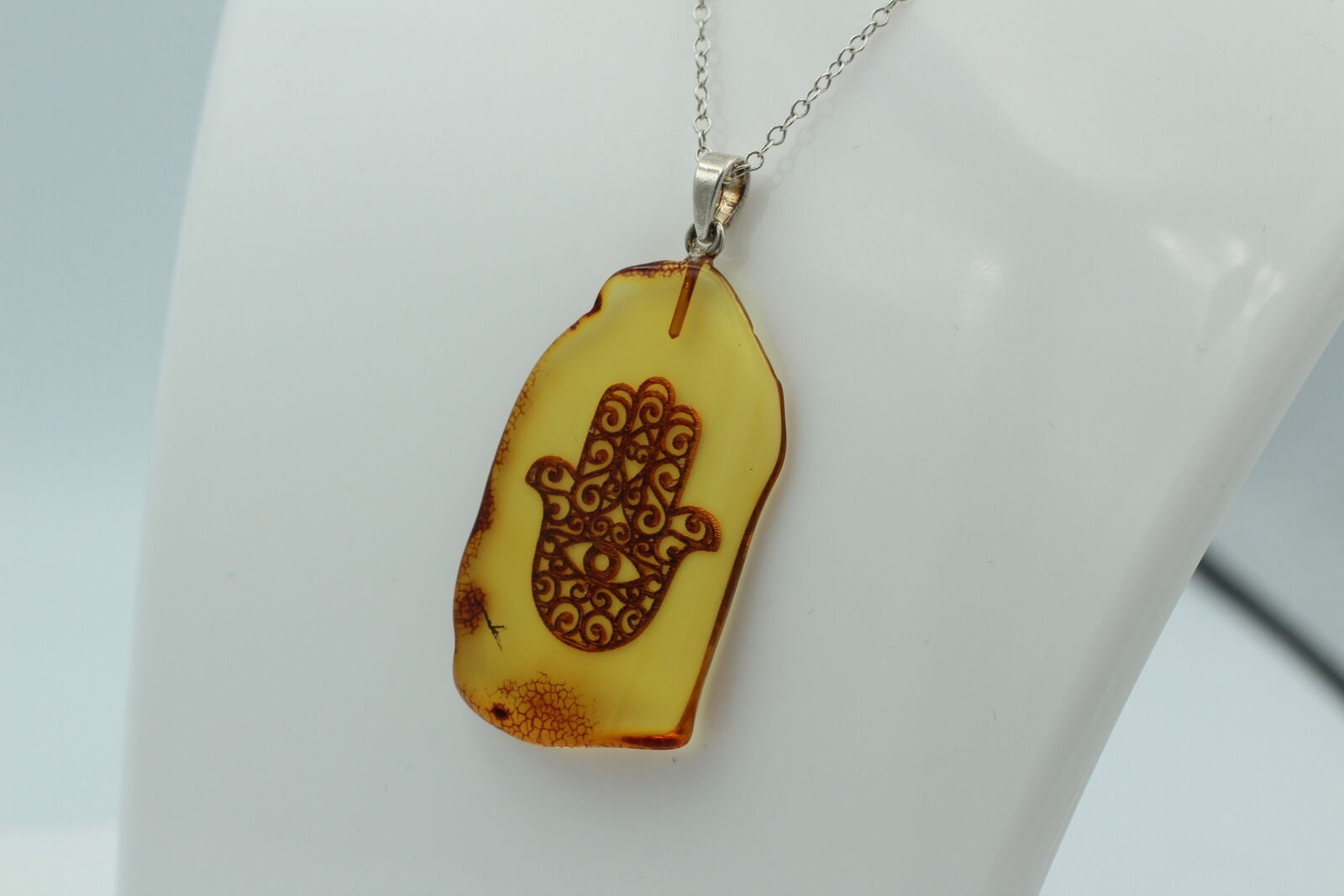 Hand der Fatima Bernstein Anhänger 925 Silber Collier Kette Bernsteinanhänger