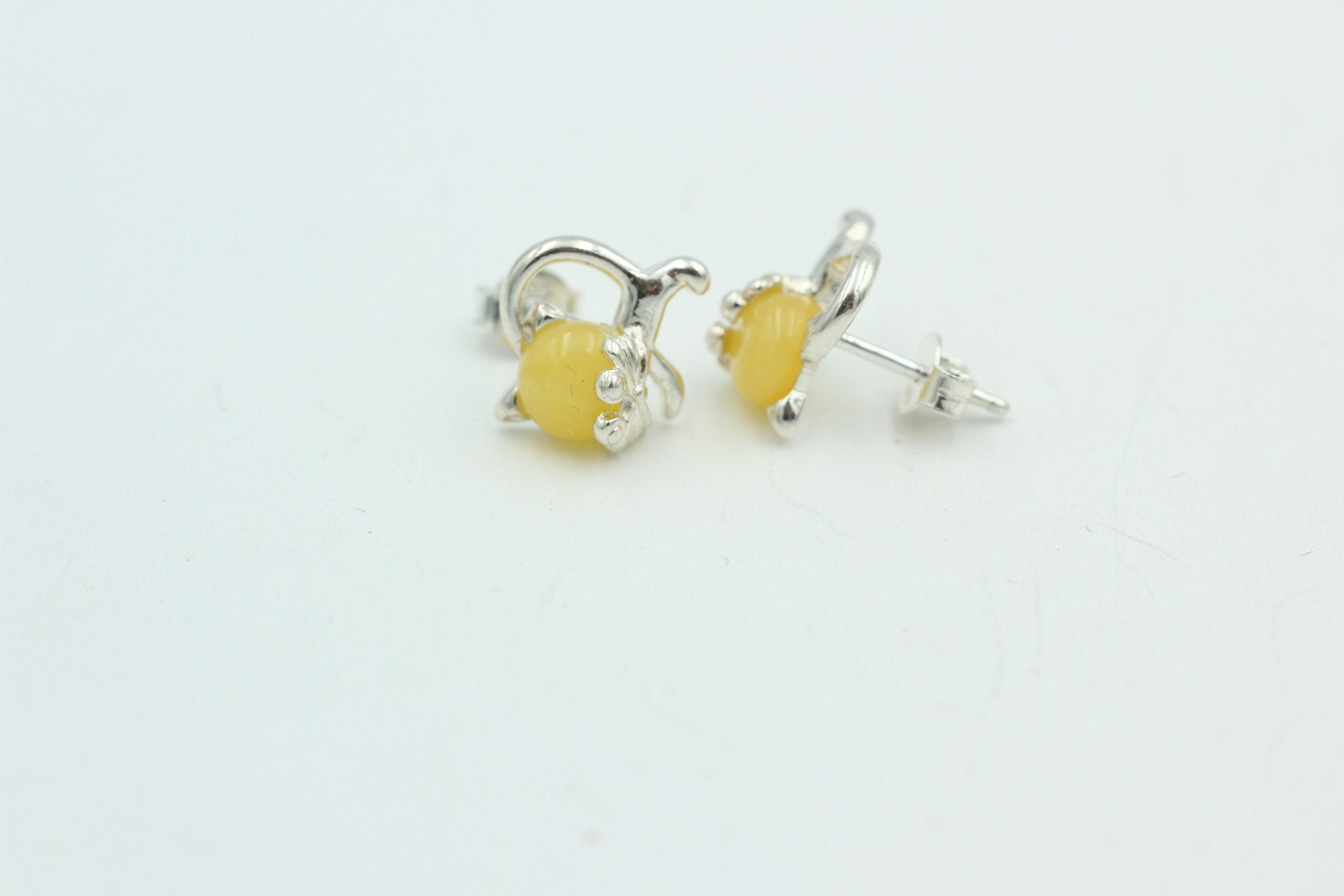 Bernstein Ohrstecker Katze 925 Silber Katzenohrstecker Mädchen Frauen