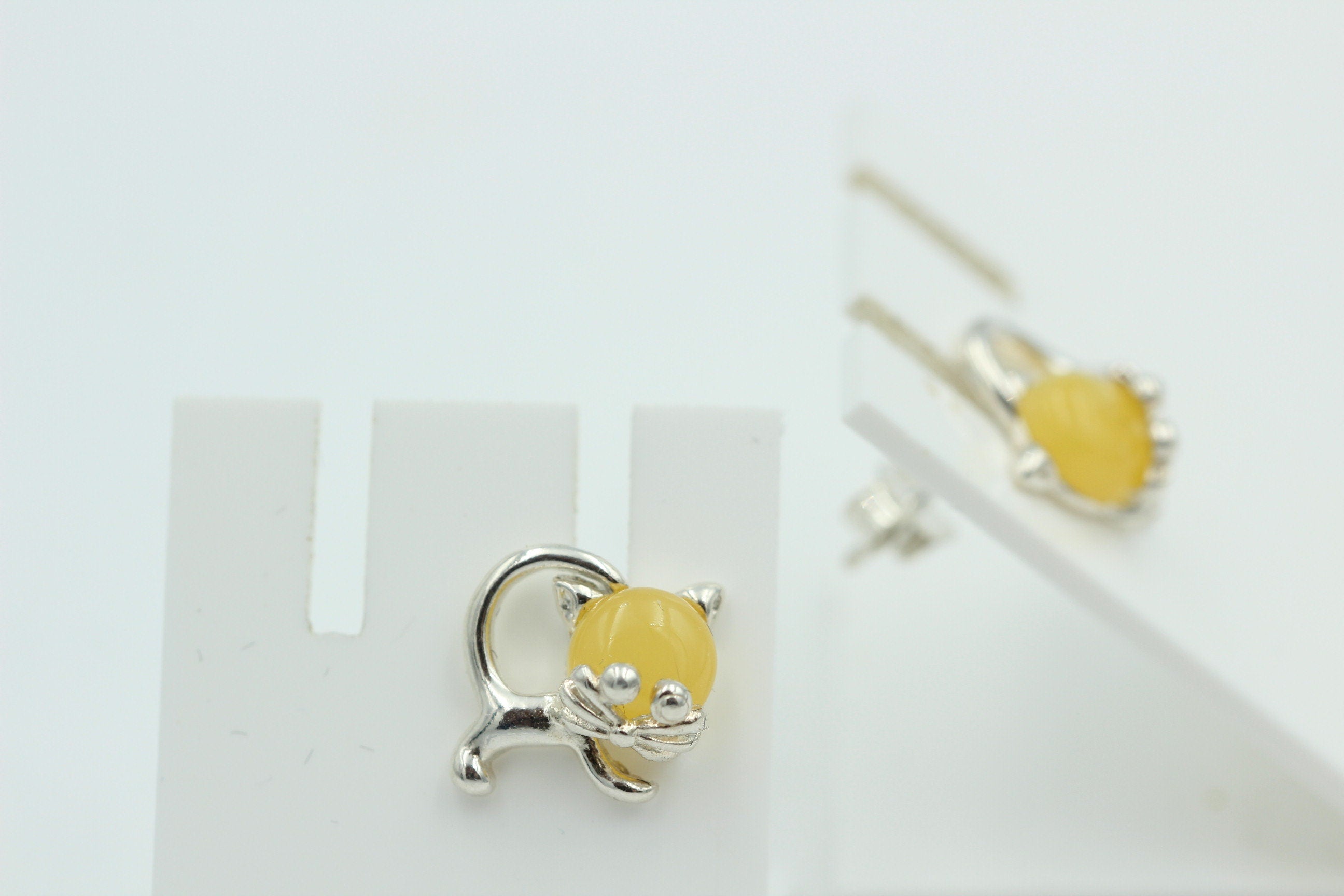 Bernstein Ohrstecker Katze 925 Silber Katzenohrstecker Mädchen Frauen