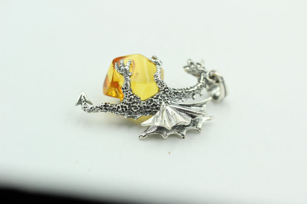 Drache mit Bernstein 925 Silber Drachenanhänger plastisch ausgeführt Top Schmuck