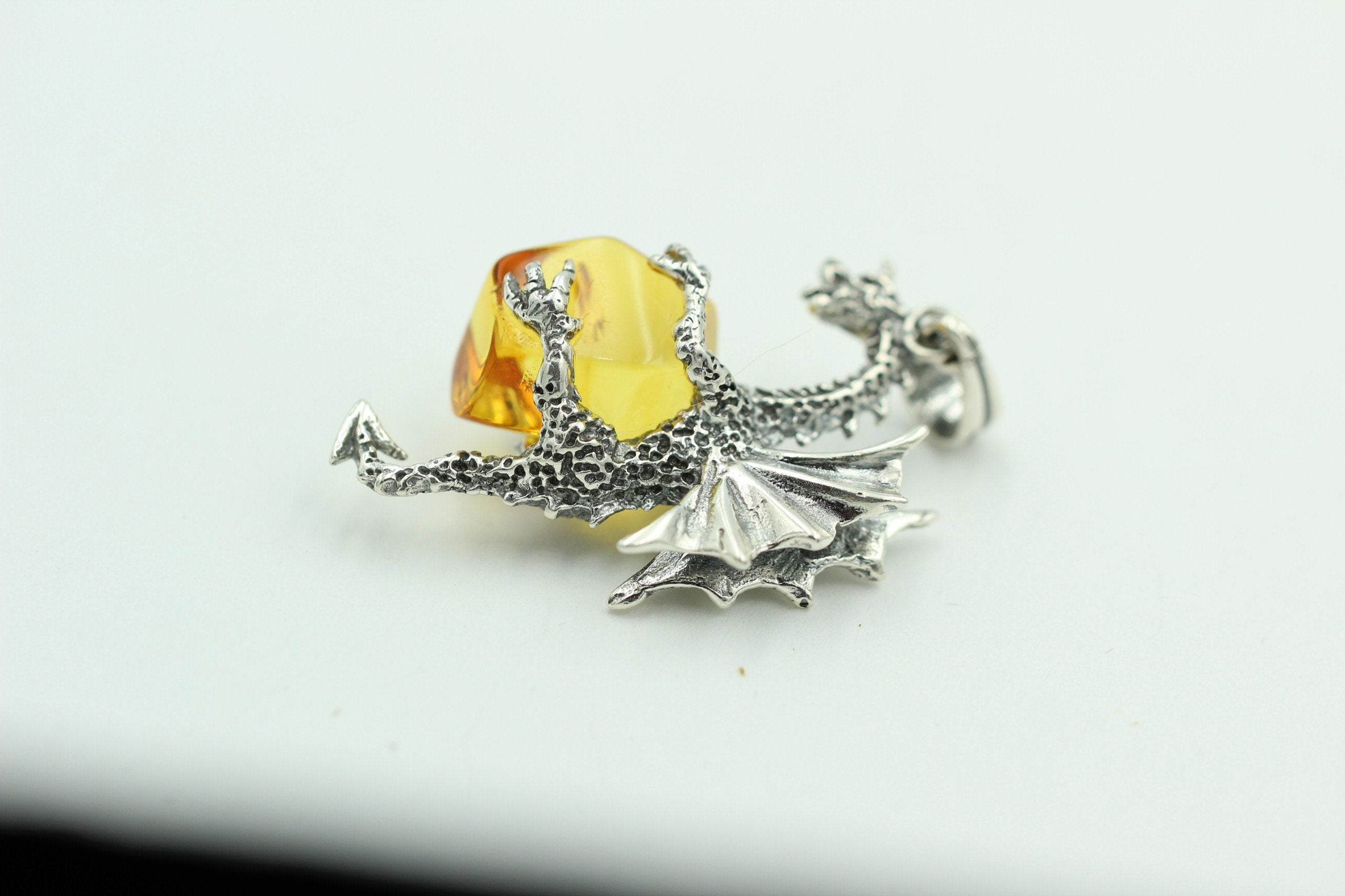 Drache mit Bernstein 925 Silber Drachenanhänger plastisch ausgeführt Top Schmuck