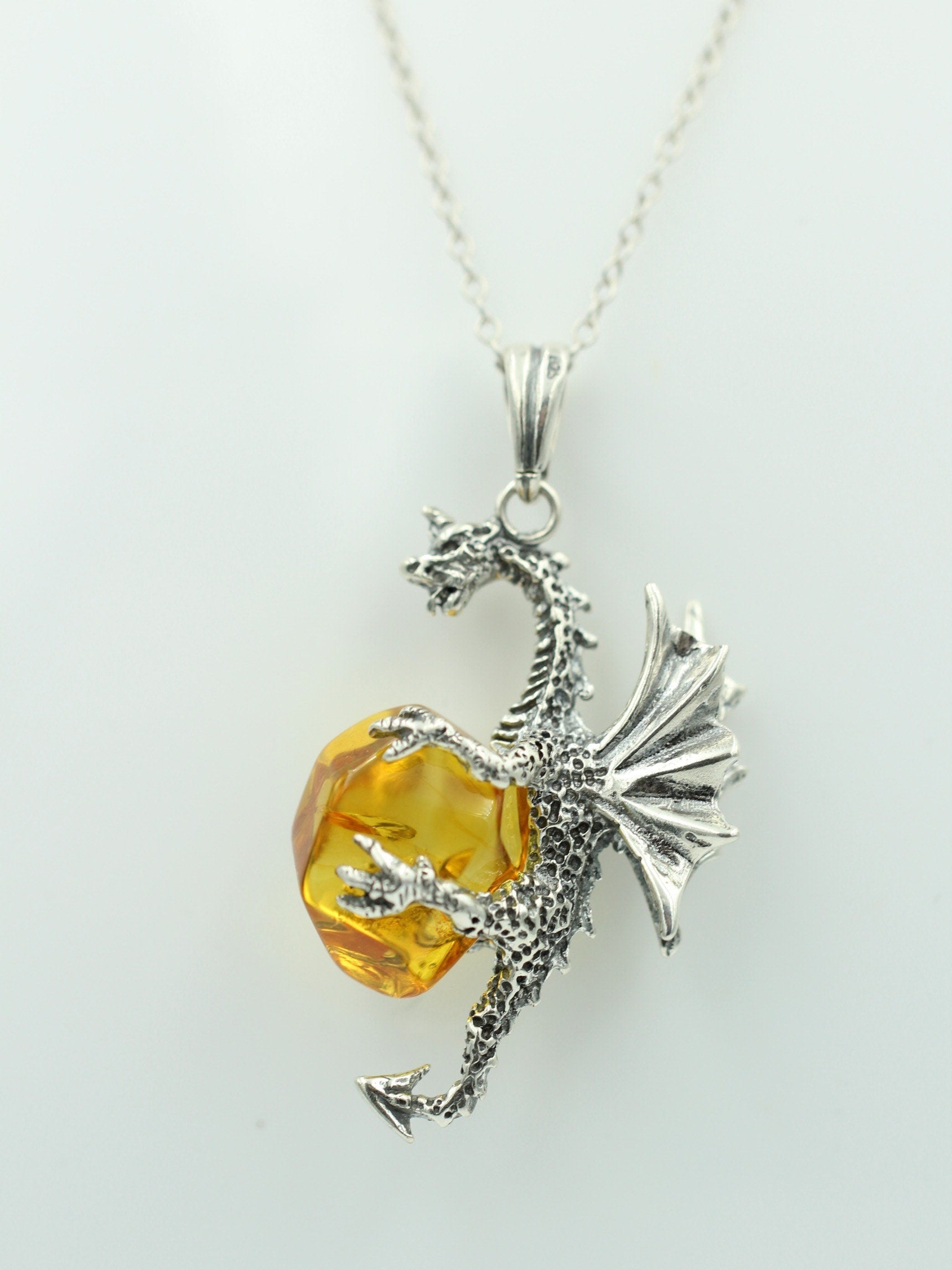 Drache mit Bernstein 925 Silber Drachenanhänger plastisch ausgeführt Top Schmuck