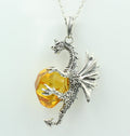 Drache mit Bernstein 925 Silber Drachenanhänger plastisch ausgeführt Top Schmuck