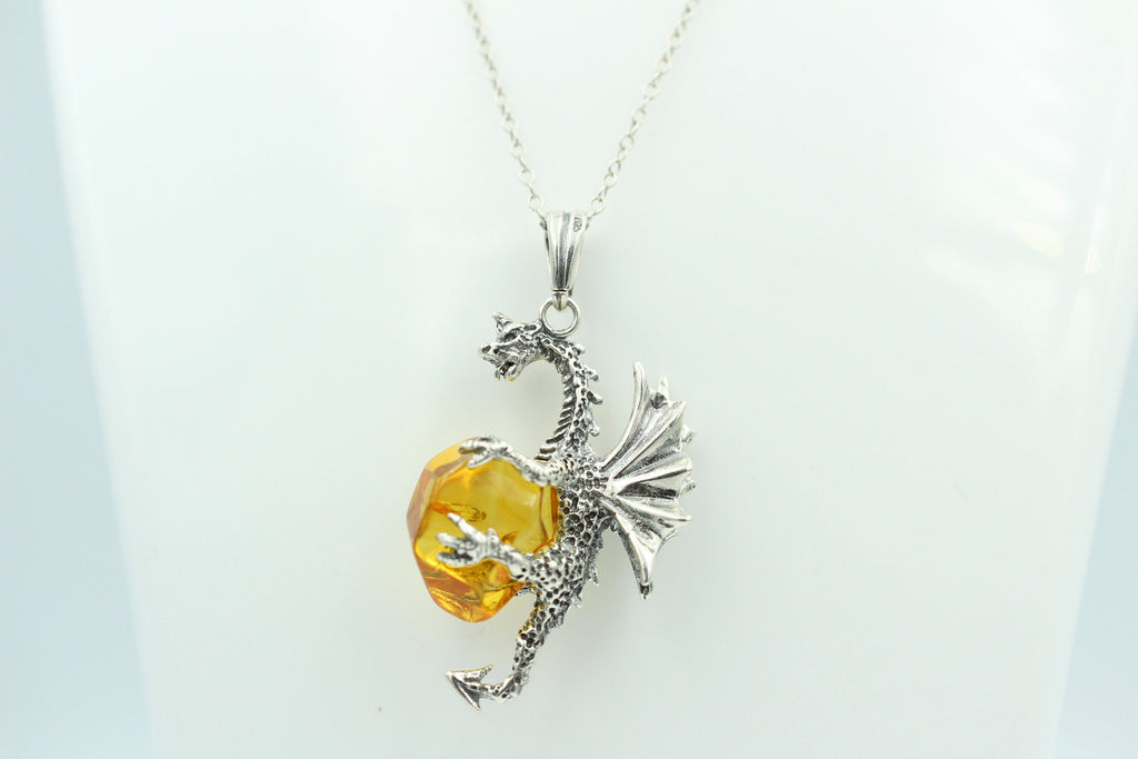 Drache mit Bernstein 925 Silber Drachenanhänger plastisch ausgeführt Top Schmuck