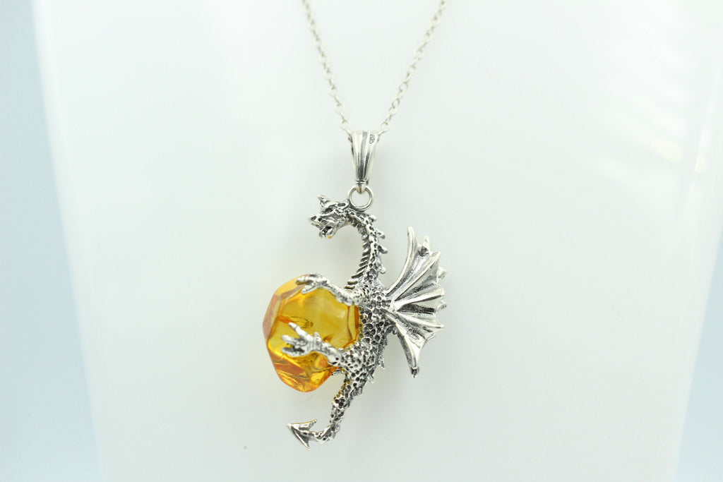 Drache mit Bernstein 925 Silber Drachenanhänger plastisch ausgeführt Top Schmuck