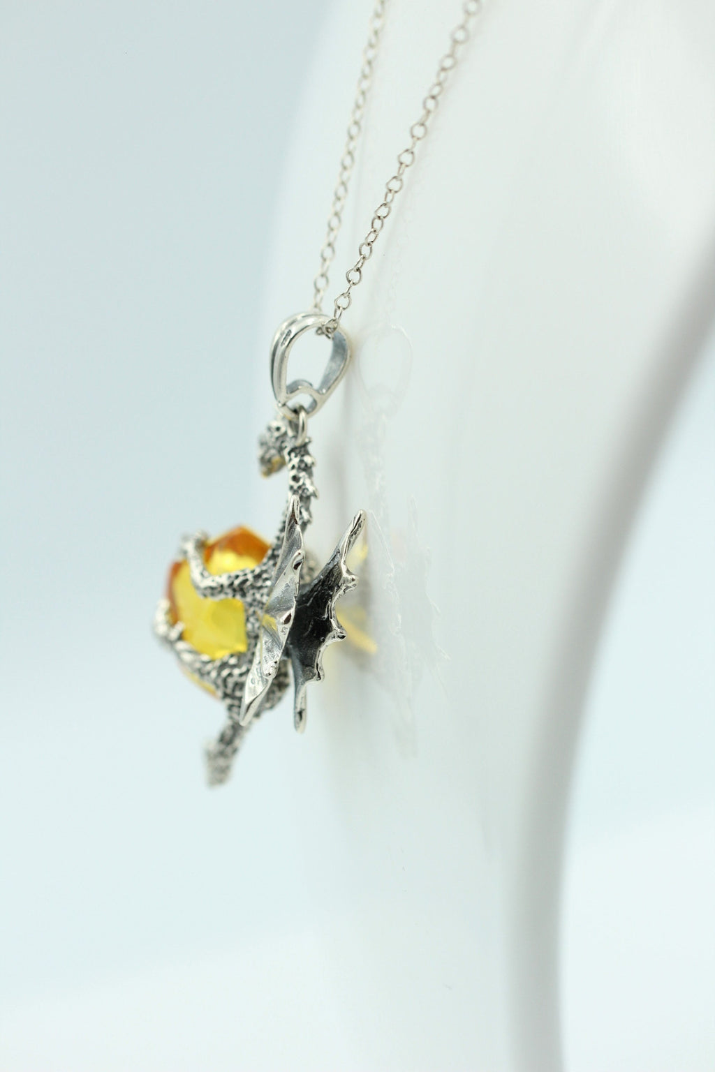 Drache mit Bernstein 925 Silber Drachenanhänger plastisch ausgeführt Top Schmuck