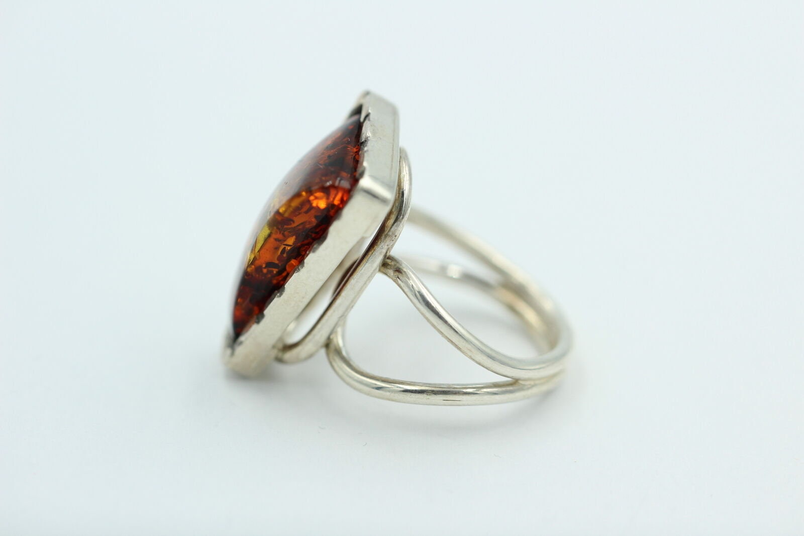 Design Bernstein Fingerring 925 Silber Gr 18, 57 Ringschiene offen Bernstein