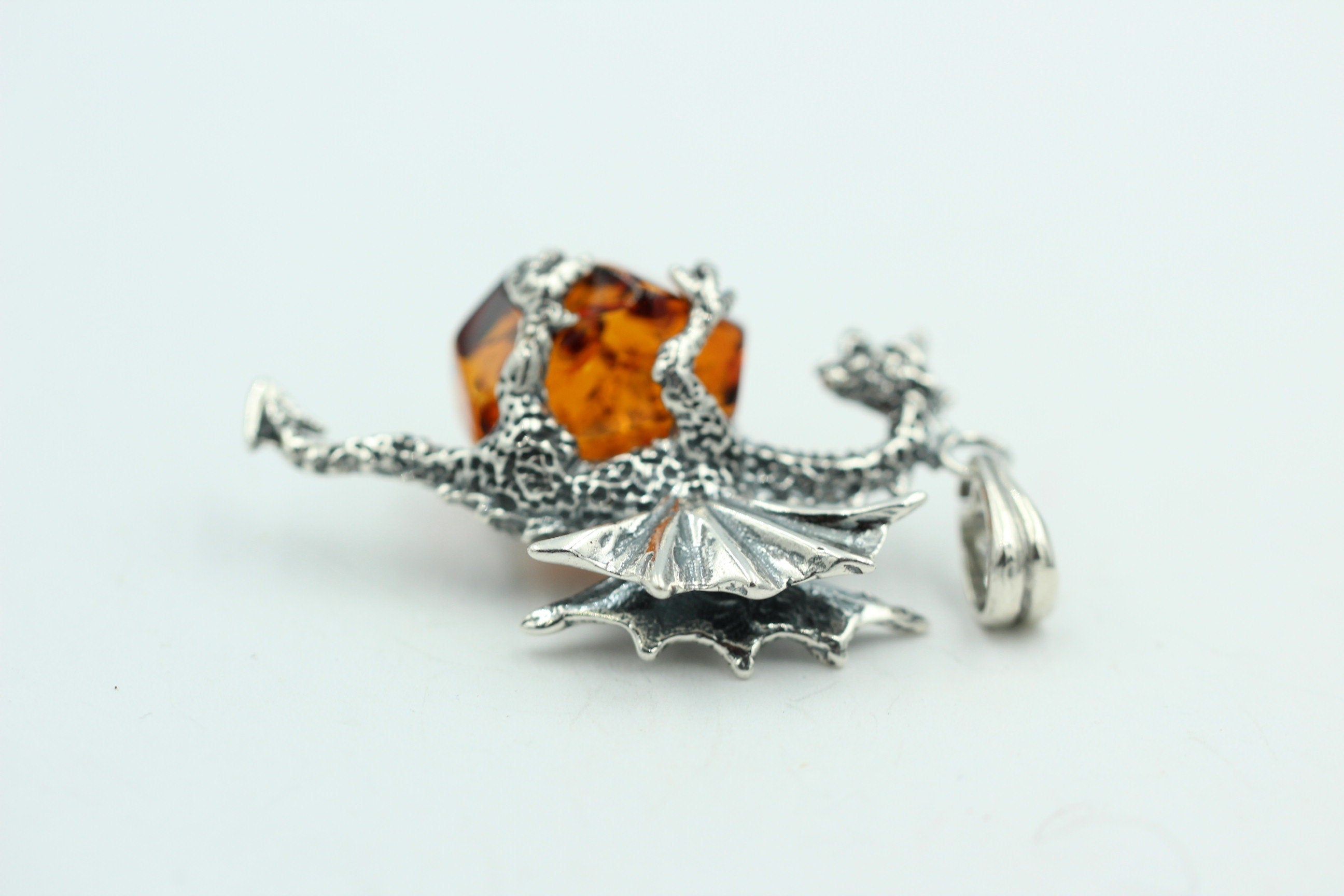 Drache mit Bernstein 925 Silber Drachenanhänger plastisch ausgeführt Top Schmuck