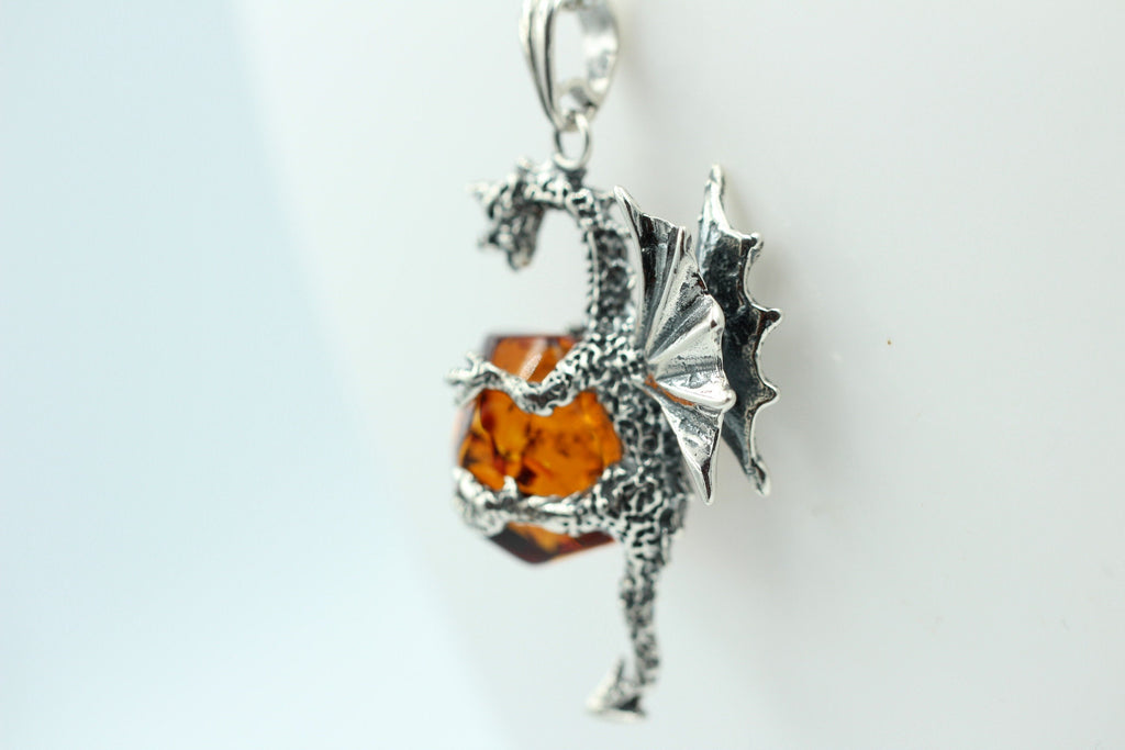 Drache mit Bernstein 925 Silber Drachenanhänger plastisch ausgeführt Top Schmuck