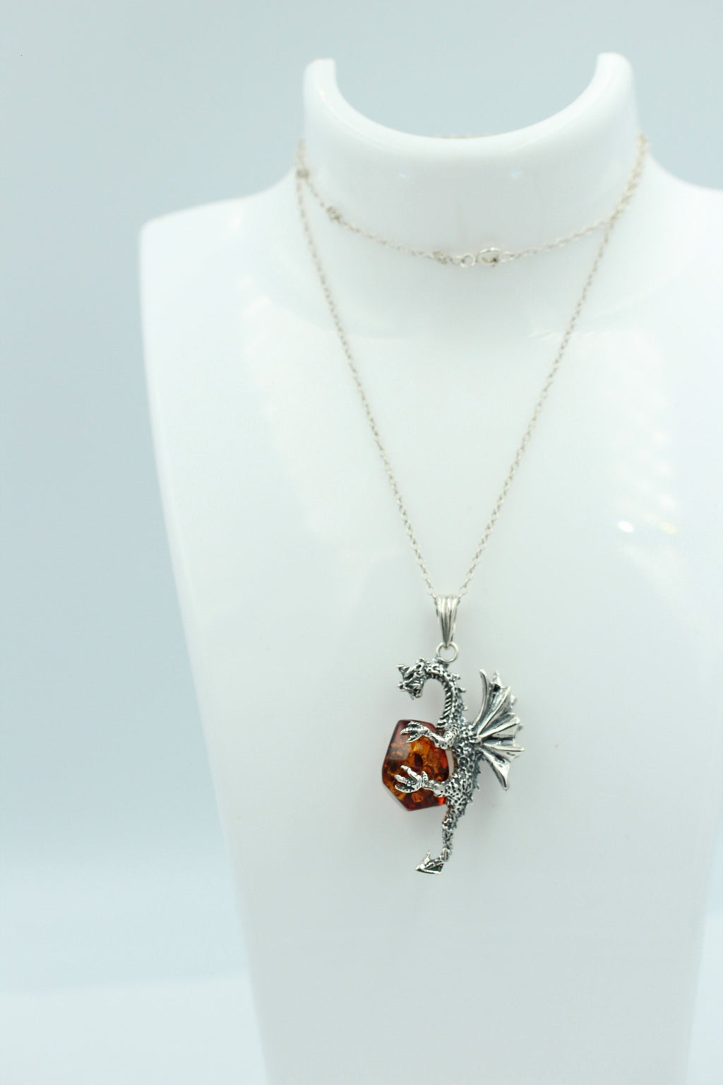 Drache mit Bernstein 925 Silber Drachenanhänger plastisch ausgeführt Top Schmuck