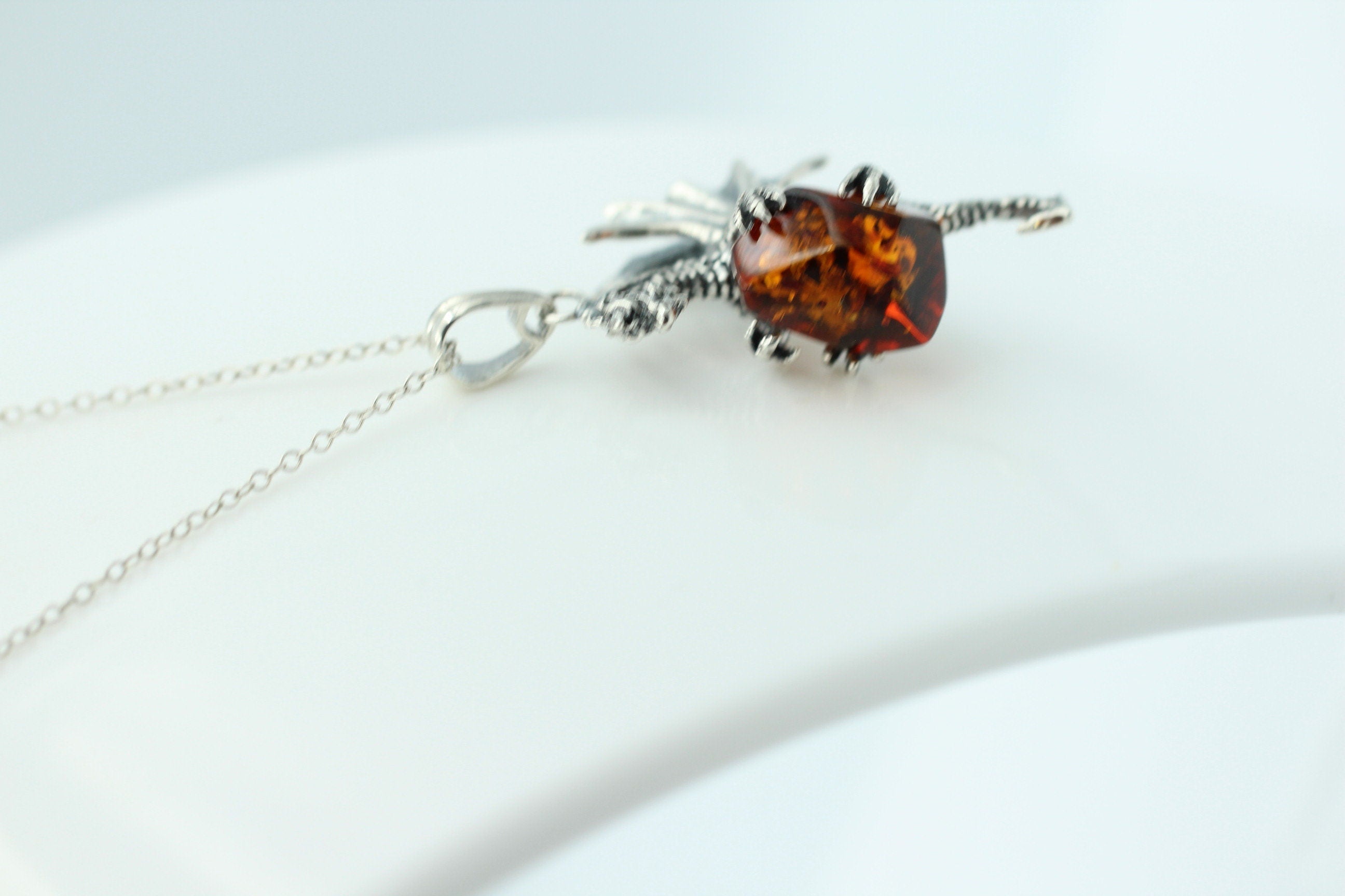 Drache mit Bernstein 925 Silber Drachenanhänger plastisch ausgeführt Top Schmuck