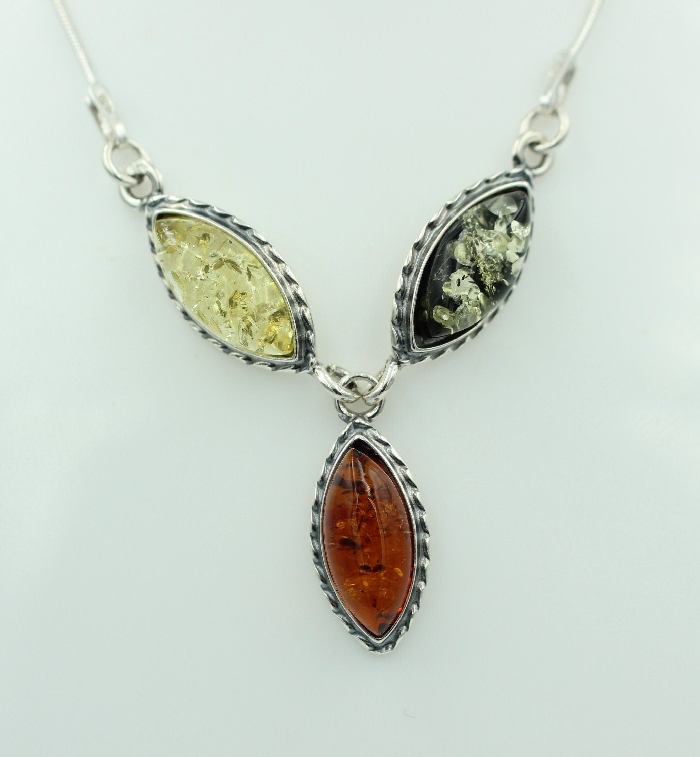 Bernstein Collier dreifarbig 925 Sterling Silber Bernsteinkette ca 42 cm