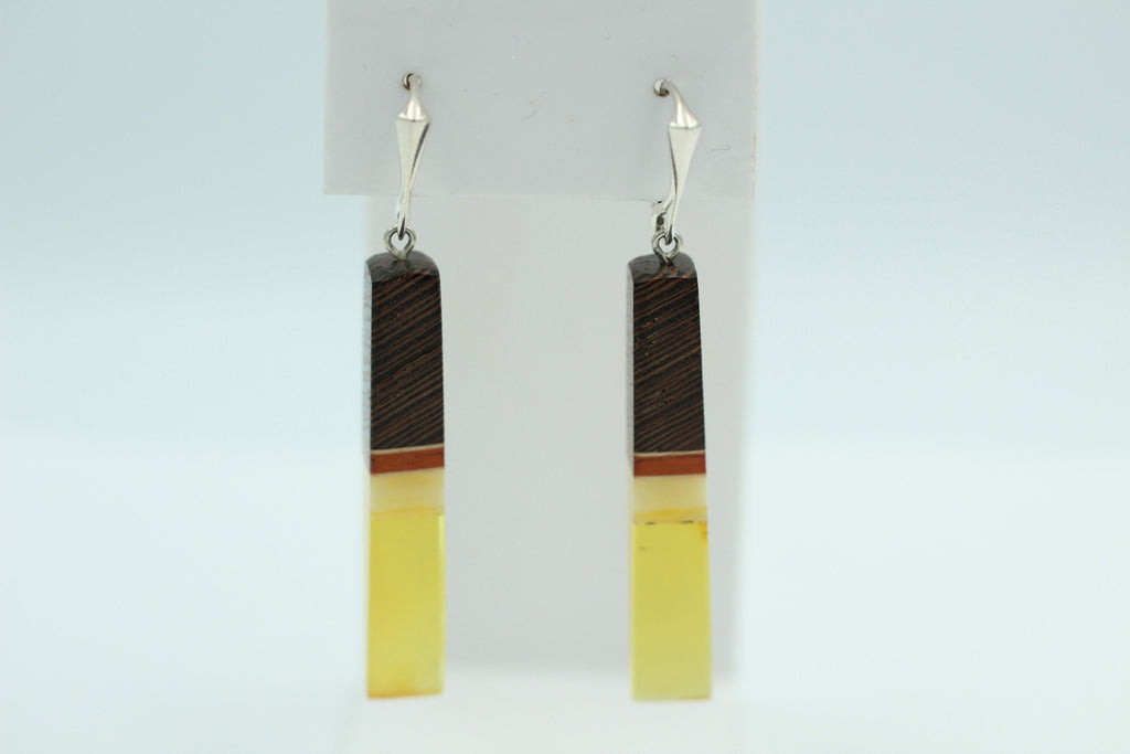 Design Bernsteinohrhänger mit seltenem Wenge Holz 925 Silber Bernstein mit Wenge