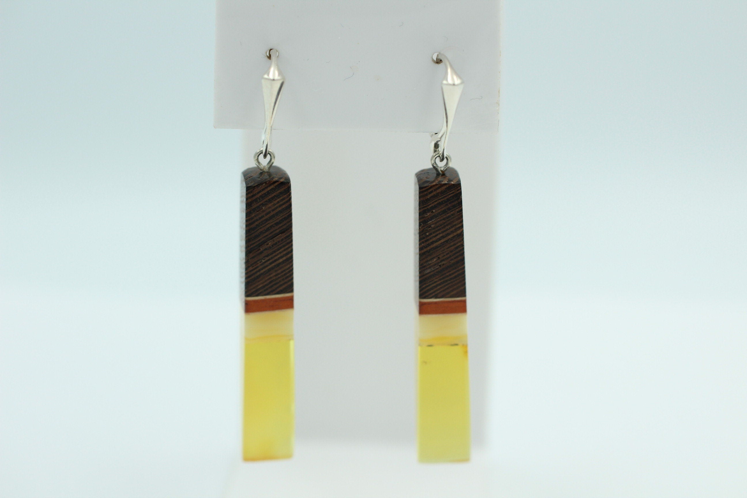 Design Bernsteinohrhänger mit seltenem Wenge Holz 925 Silber Bernstein mit Wenge
