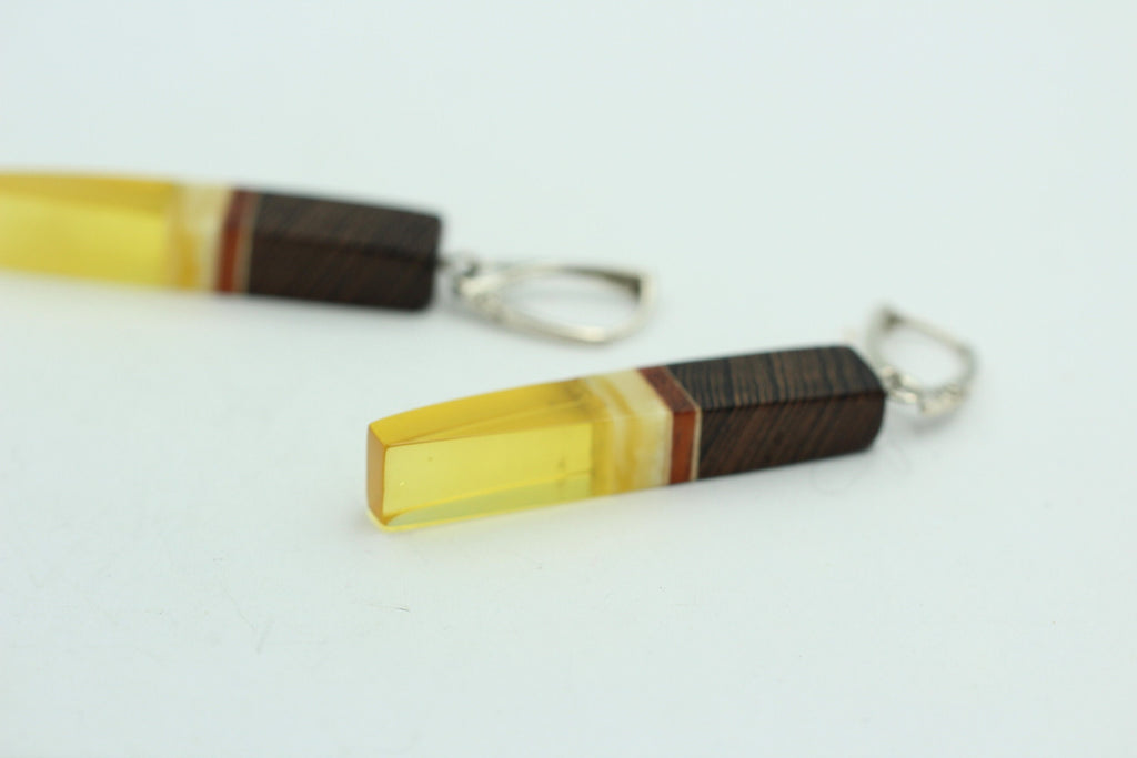 Design Bernsteinohrhänger mit seltenem Wenge Holz 925 Silber Bernstein mit Wenge