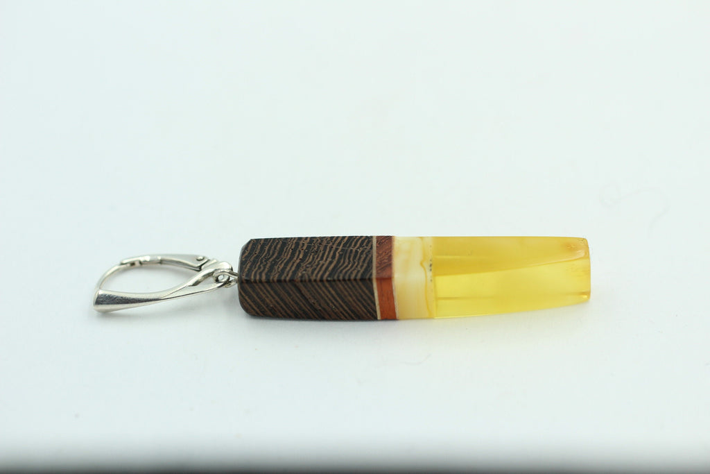 Design Bernsteinohrhänger mit seltenem Wenge Holz 925 Silber Bernstein mit Wenge