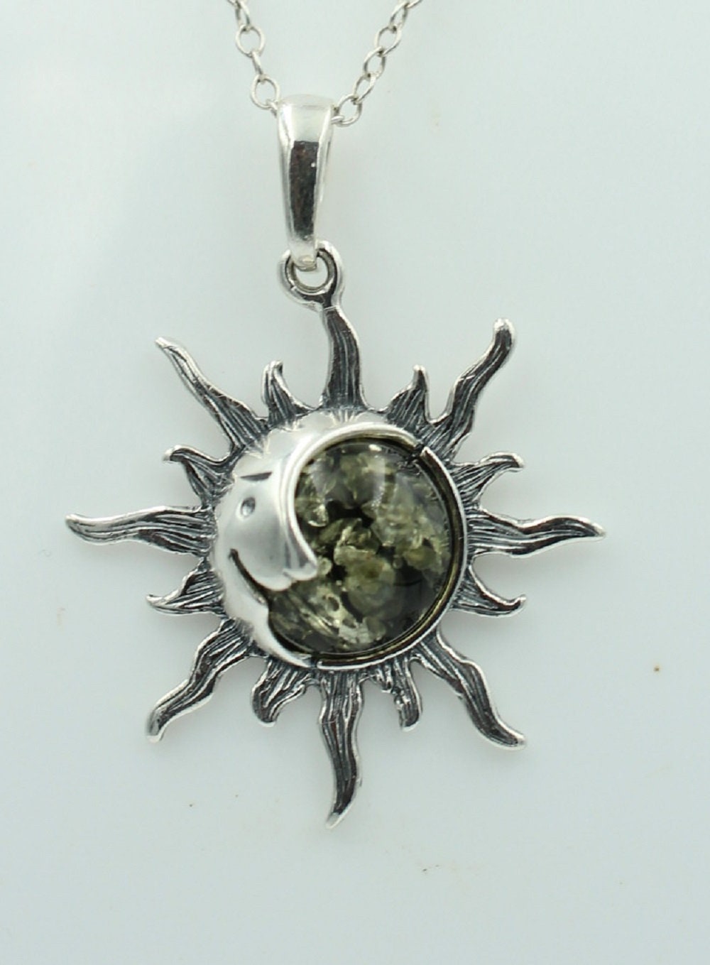 Bernstein Sonnen Mond Anhänger 925 Silber Collier Kette Sonnenanhägner Schmuck