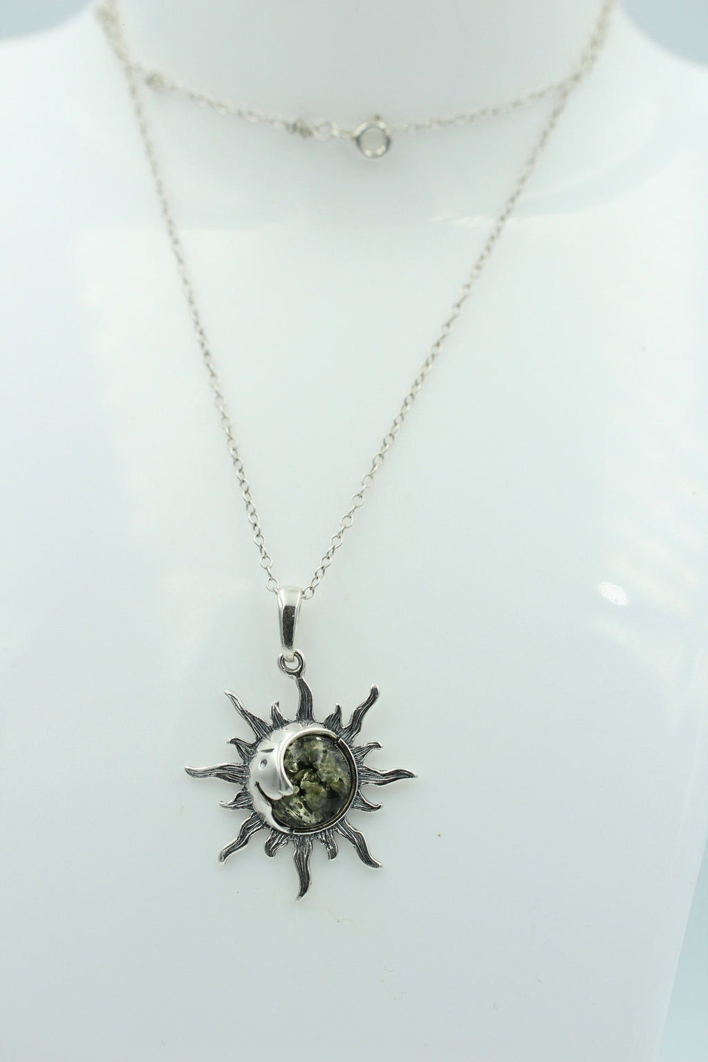 Bernstein Sonnen Mond Anhänger 925 Silber Collier Kette Sonnenanhägner Schmuck