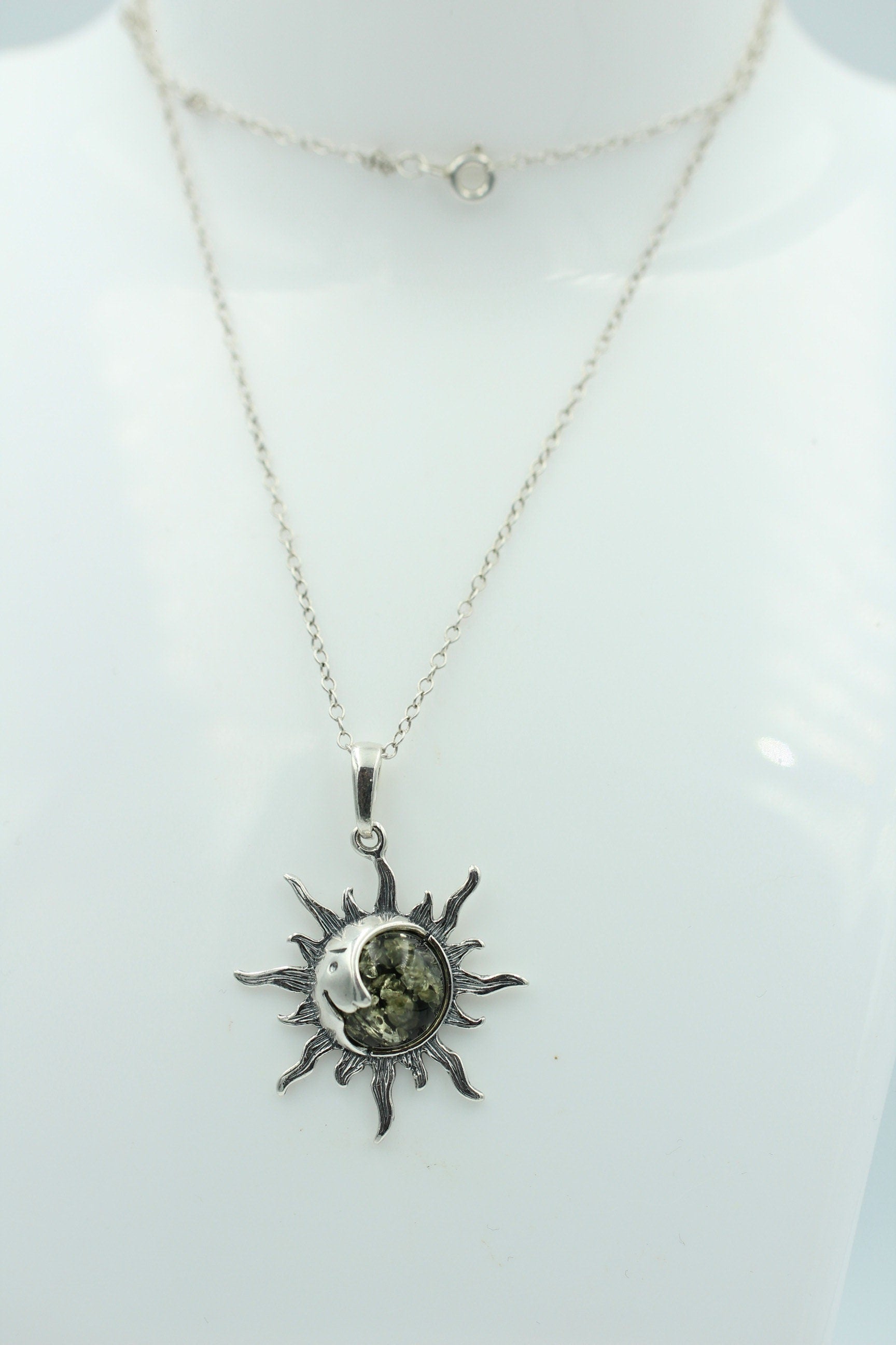 Bernstein Sonnen Mond Anhänger 925 Silber Collier Kette Sonnenanhägner Schmuck