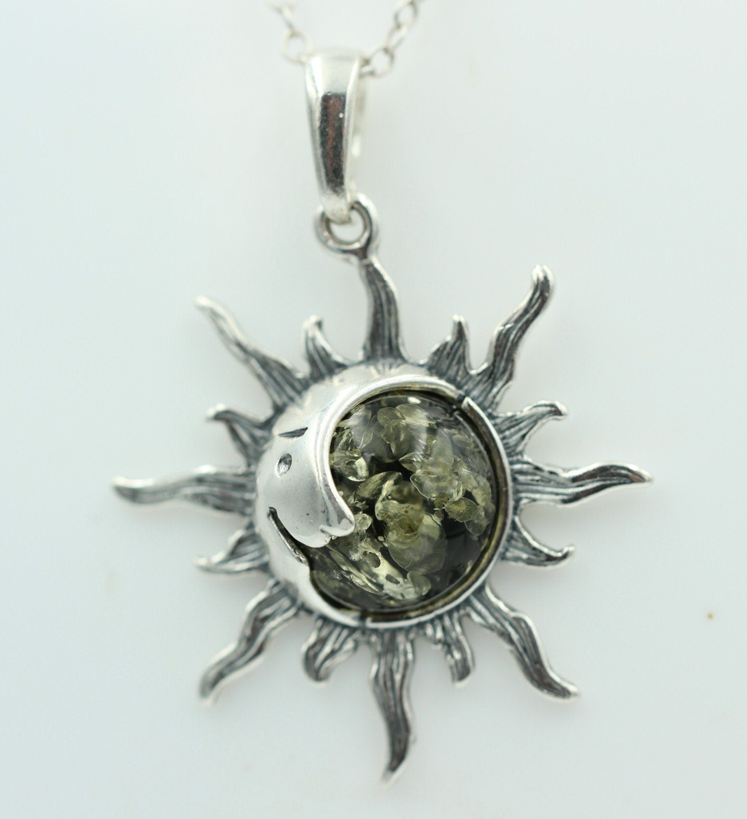 Bernstein Sonnen Mond Anhänger 925 Silber Collier Kette Sonnenanhägner Schmuck