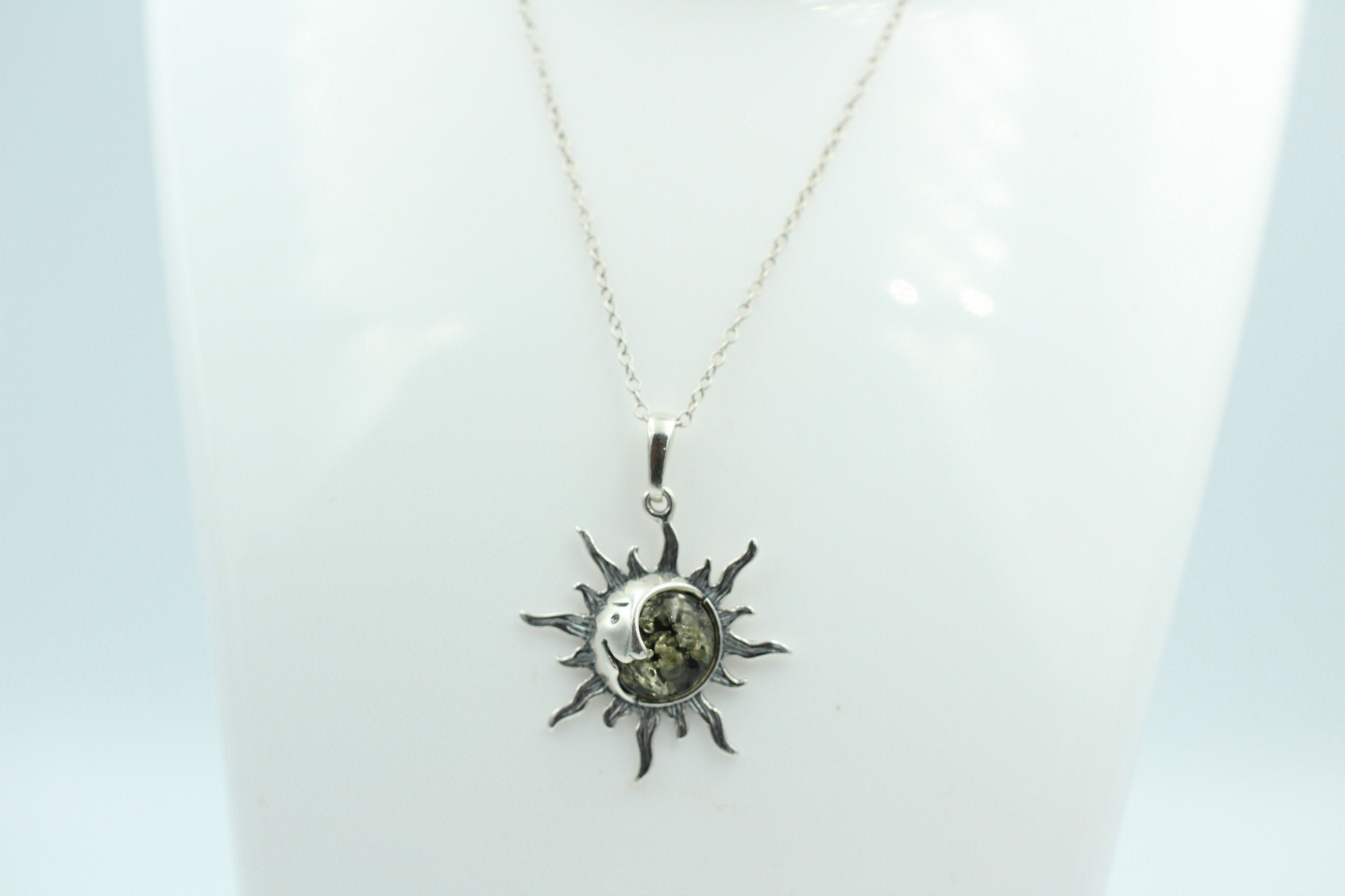 Bernstein Sonnen Mond Anhänger 925 Silber Collier Kette Sonnenanhägner Schmuck