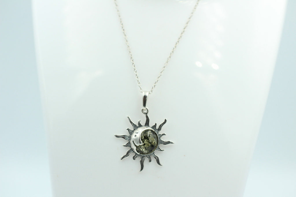 Bernstein Sonnen Mond Anhänger 925 Silber Collier Kette Sonnenanhägner Schmuck