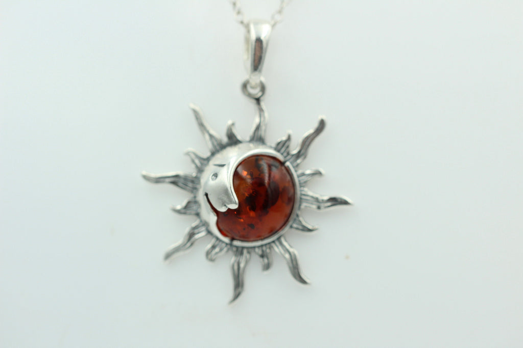 Bernstein Sonnen Mond Anhänger 925 Silber Sonnenanhägner Schmuck
