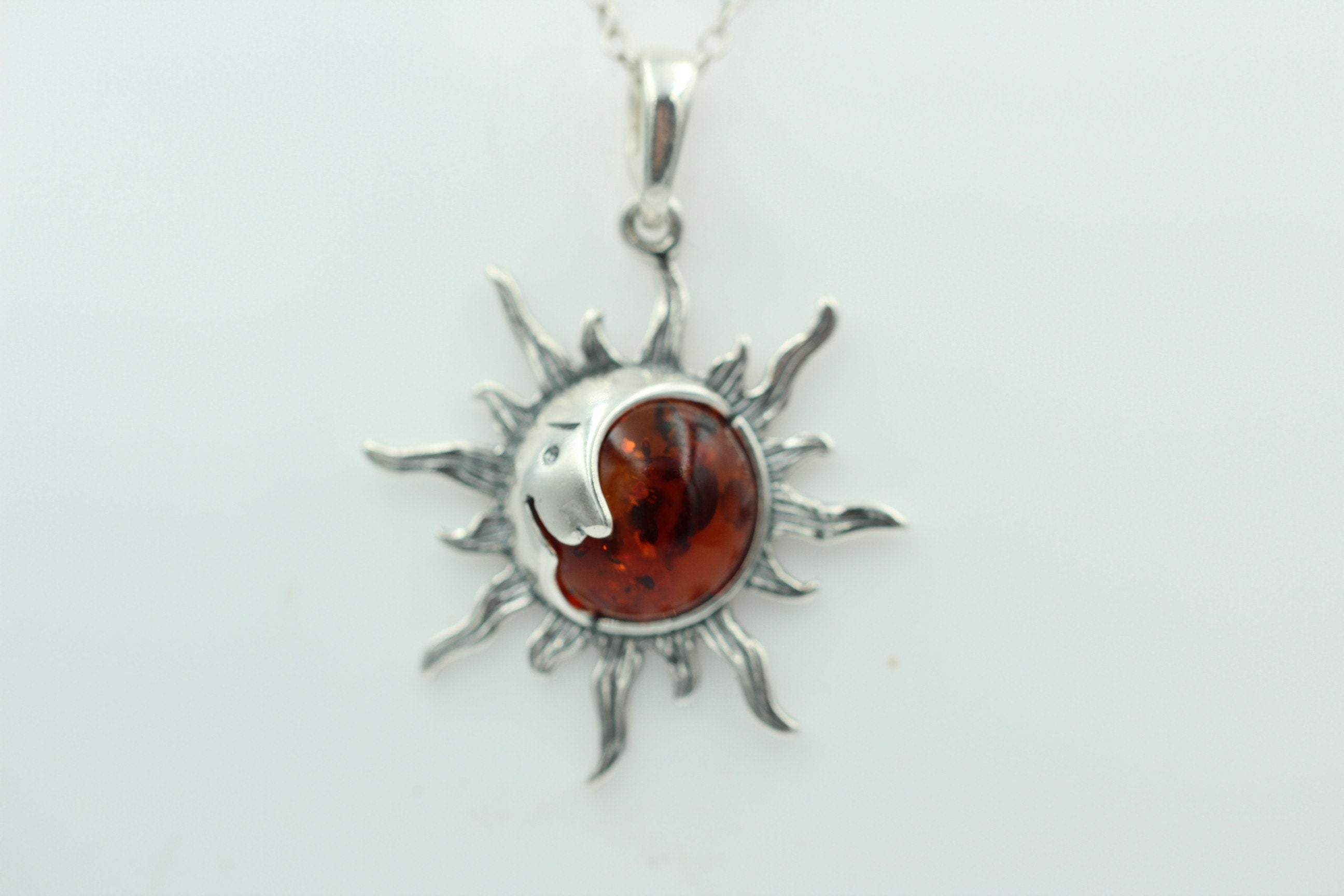 Bernstein Sonnen Mond Anhänger 925 Silber Sonnenanhägner Schmuck