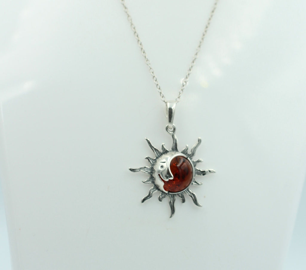 Bernstein Sonnen Mond Anhänger 925 Silber Sonnenanhägner Schmuck