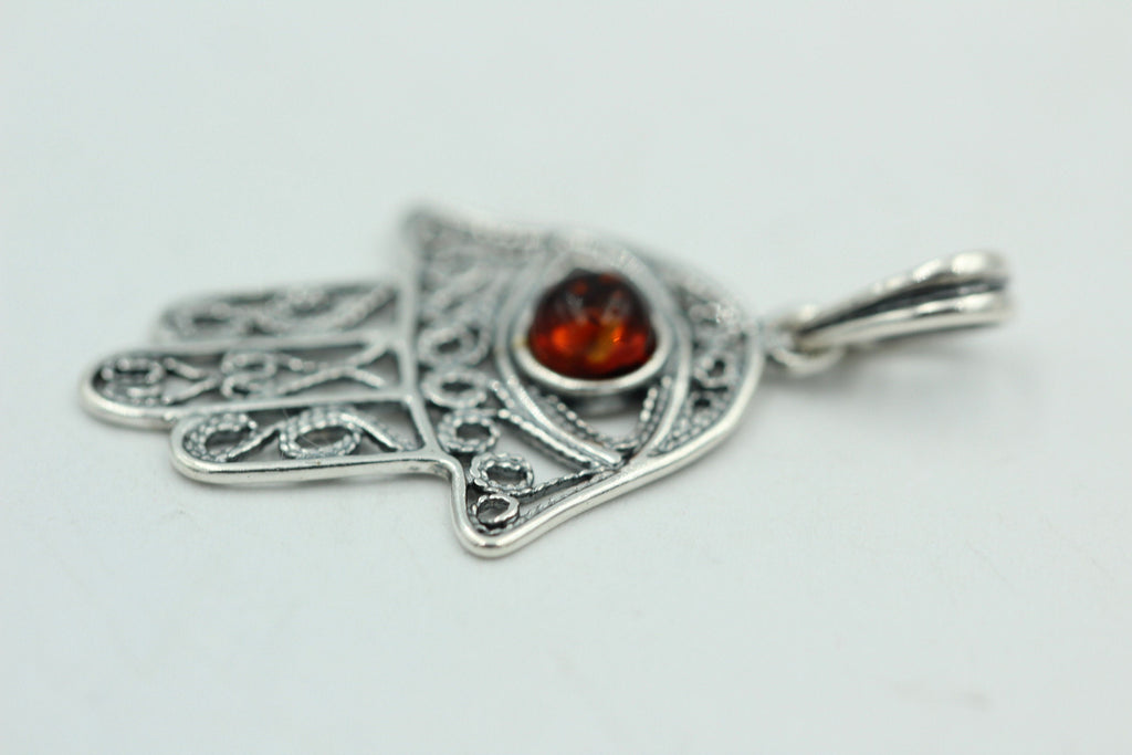 Bernstein Hand der Fatima 925 Silber Collier Kette Bernsteinanhänger