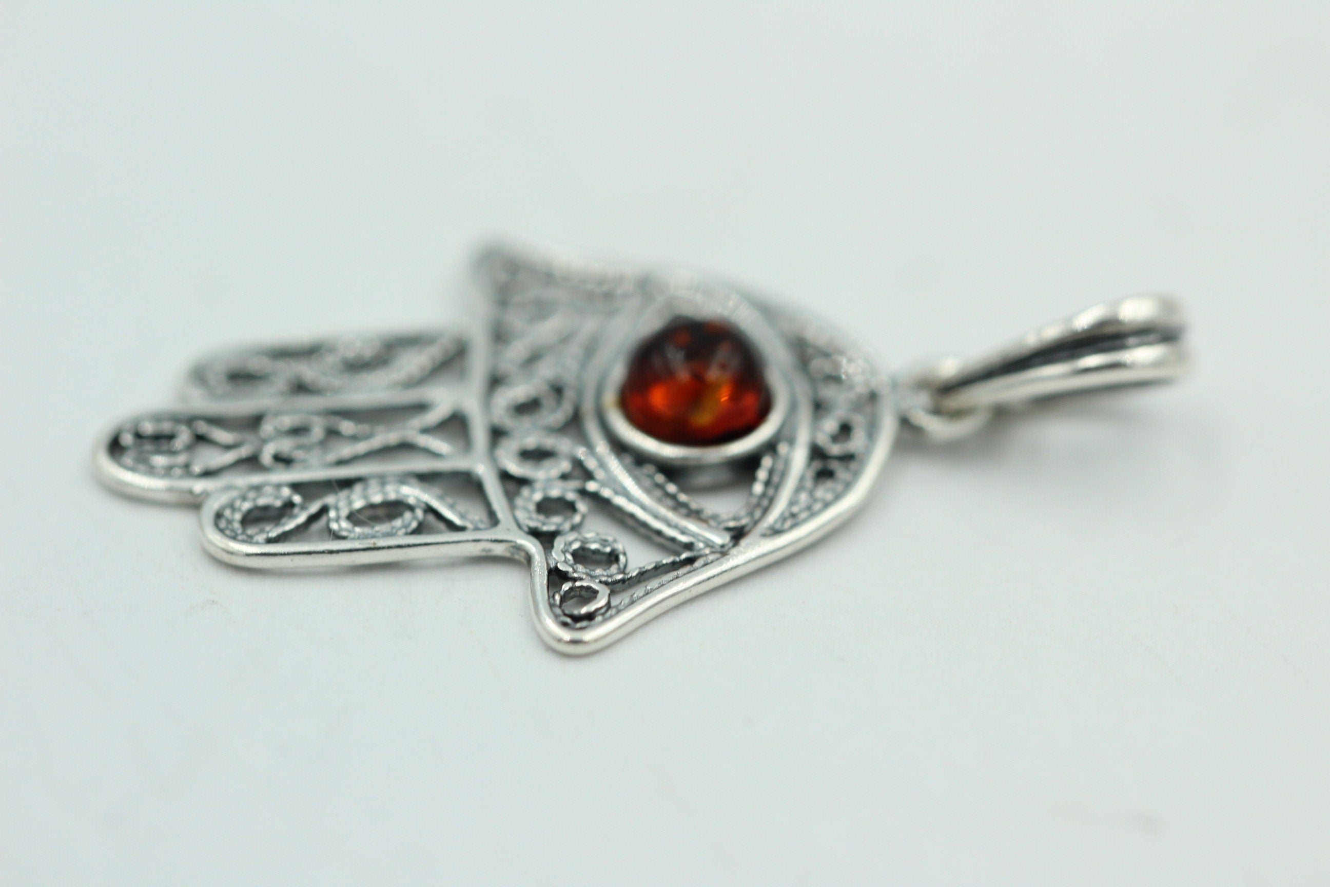 Bernstein Hand der Fatima 925 Silber Collier Kette Bernsteinanhänger