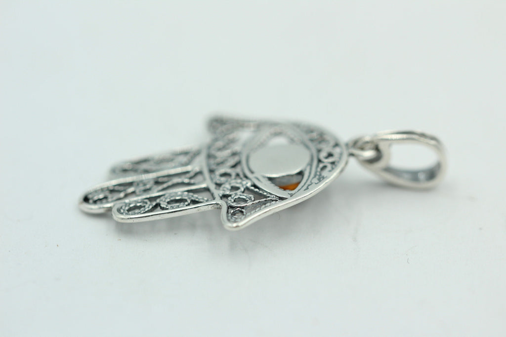 Bernstein Hand der Fatima 925 Silber Collier Kette Bernsteinanhänger