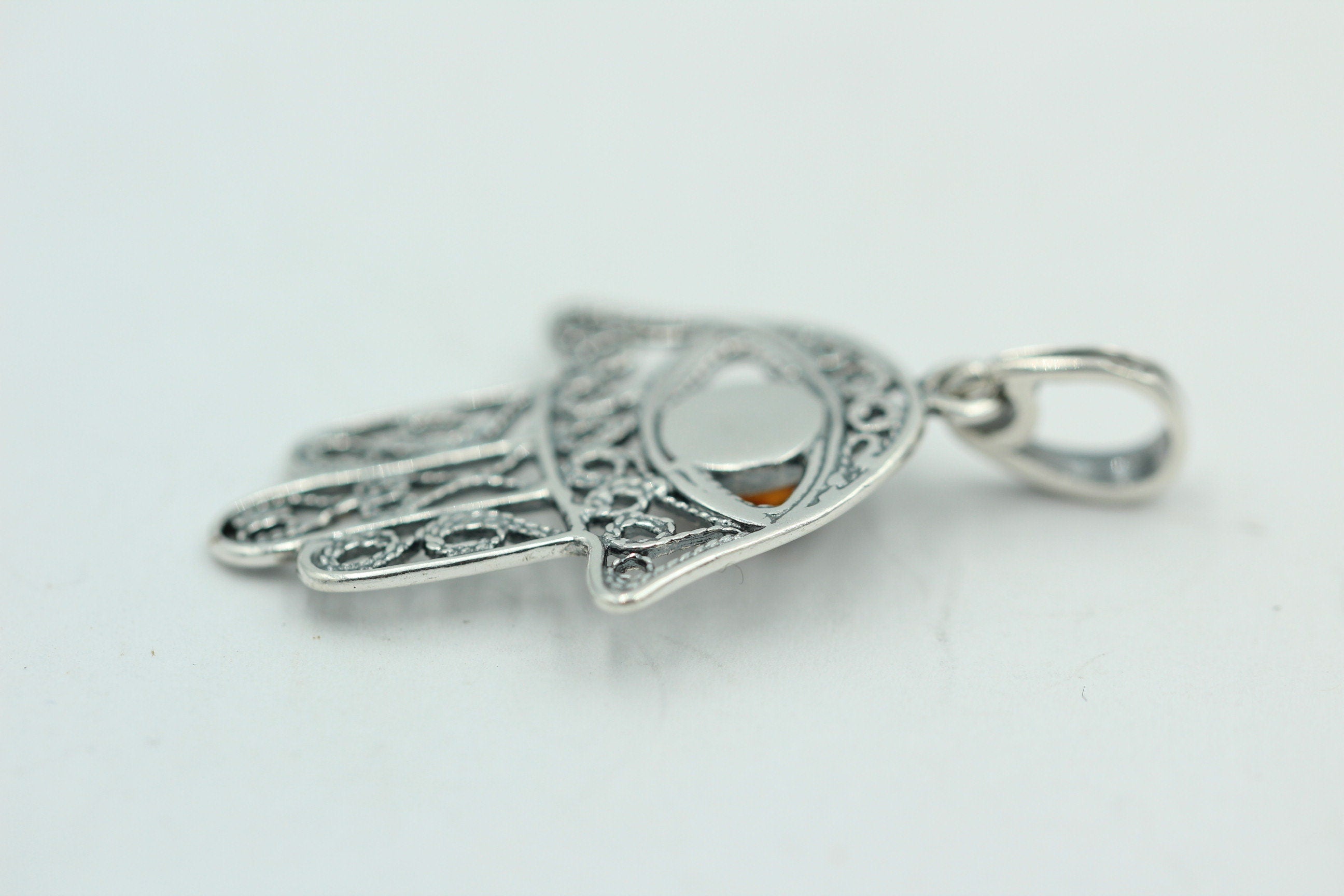 Bernstein Hand der Fatima 925 Silber Collier Kette Bernsteinanhänger