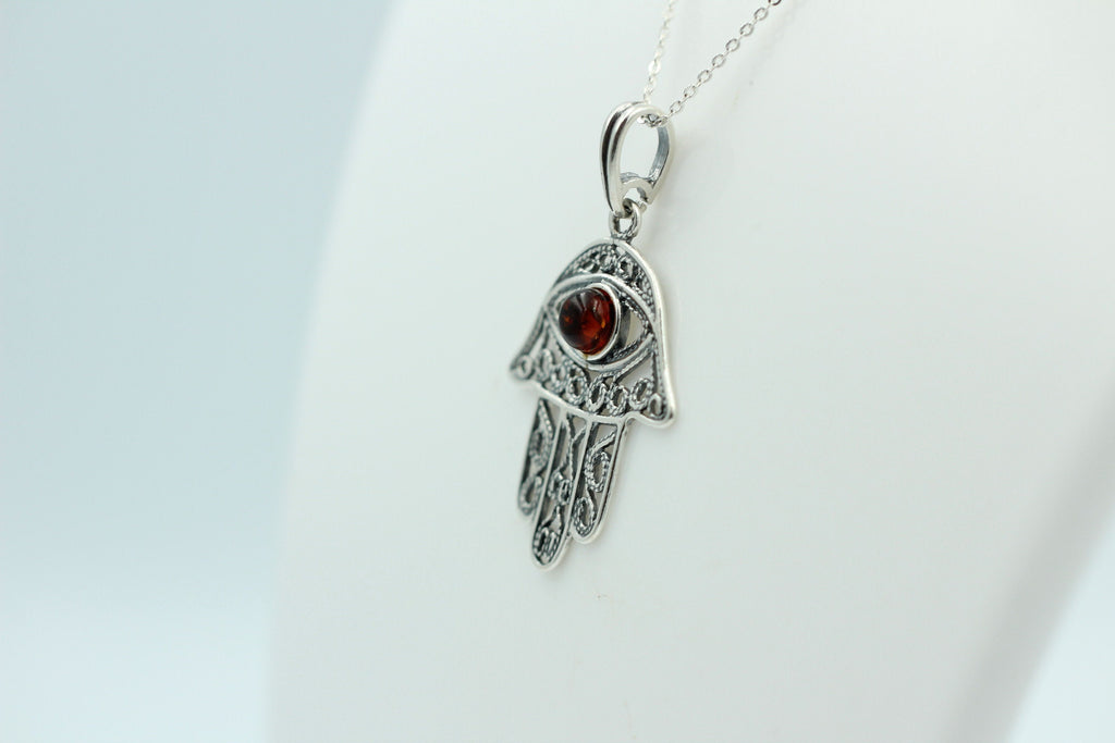 Bernstein Hand der Fatima 925 Silber Collier Kette Bernsteinanhänger