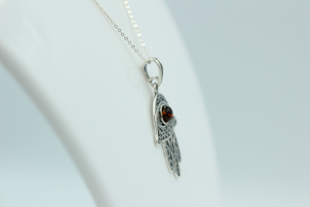 Bernstein Hand der Fatima 925 Silber Collier Kette Bernsteinanhänger