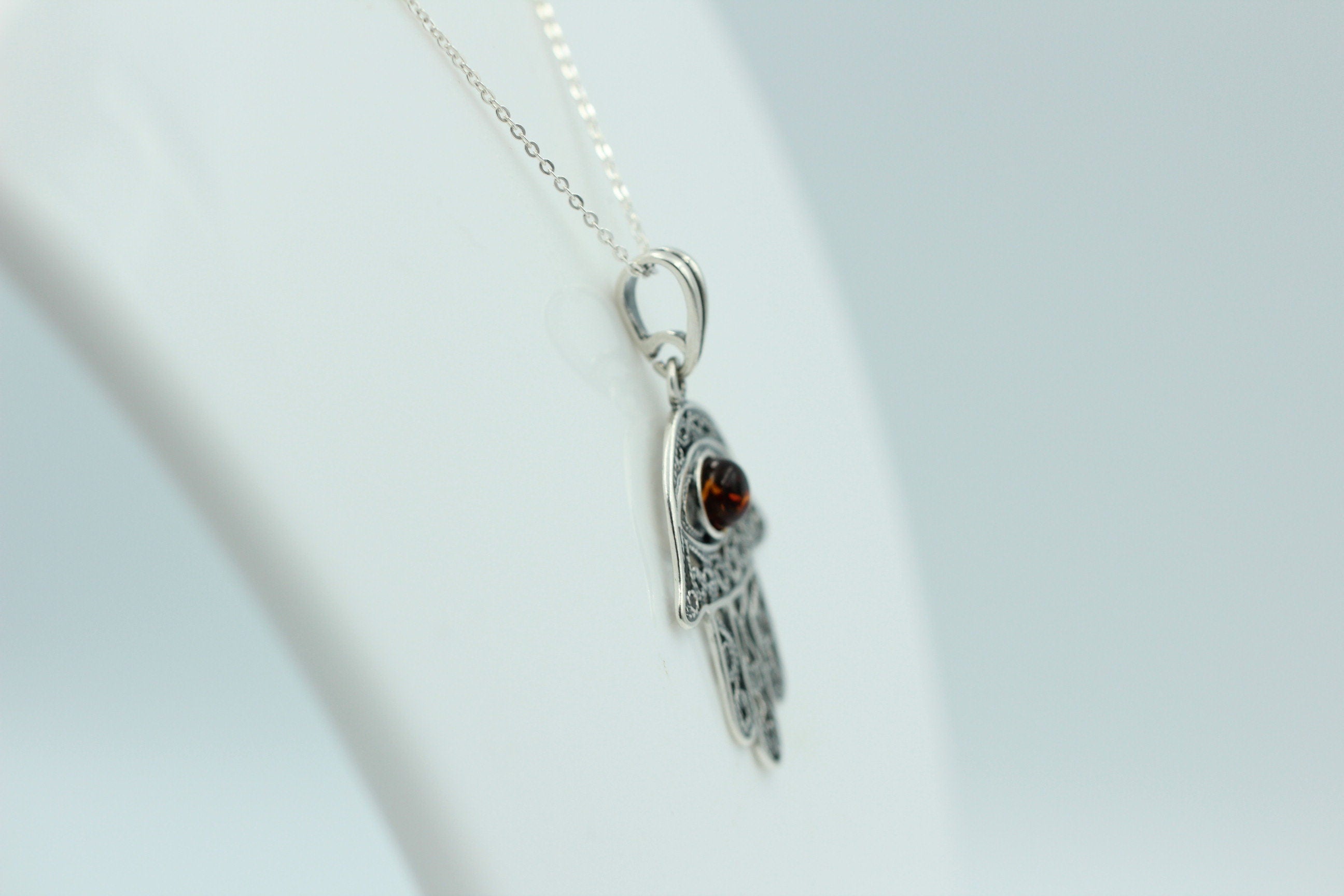 Bernstein Hand der Fatima 925 Silber Collier Kette Bernsteinanhänger