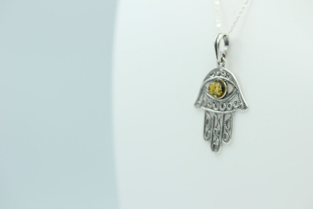 Bernstein Hand der Fatima 925 Silber Collier Kette Bernsteinanhänger