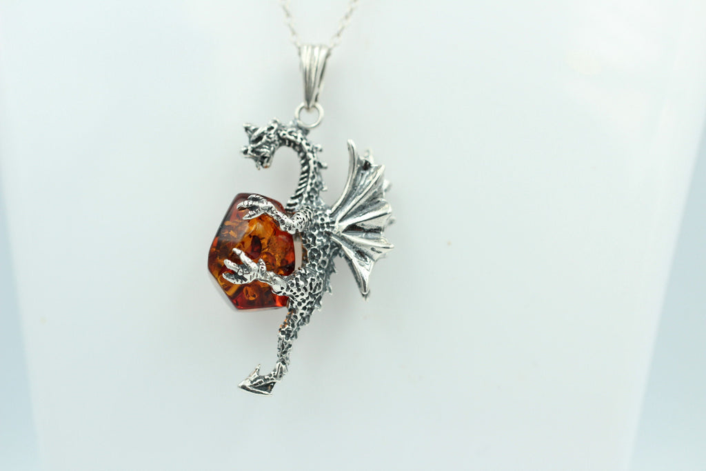 Drache mit Bernstein 925 Silber Drachenanhänger plastisch ausgeführt Top Schmuck