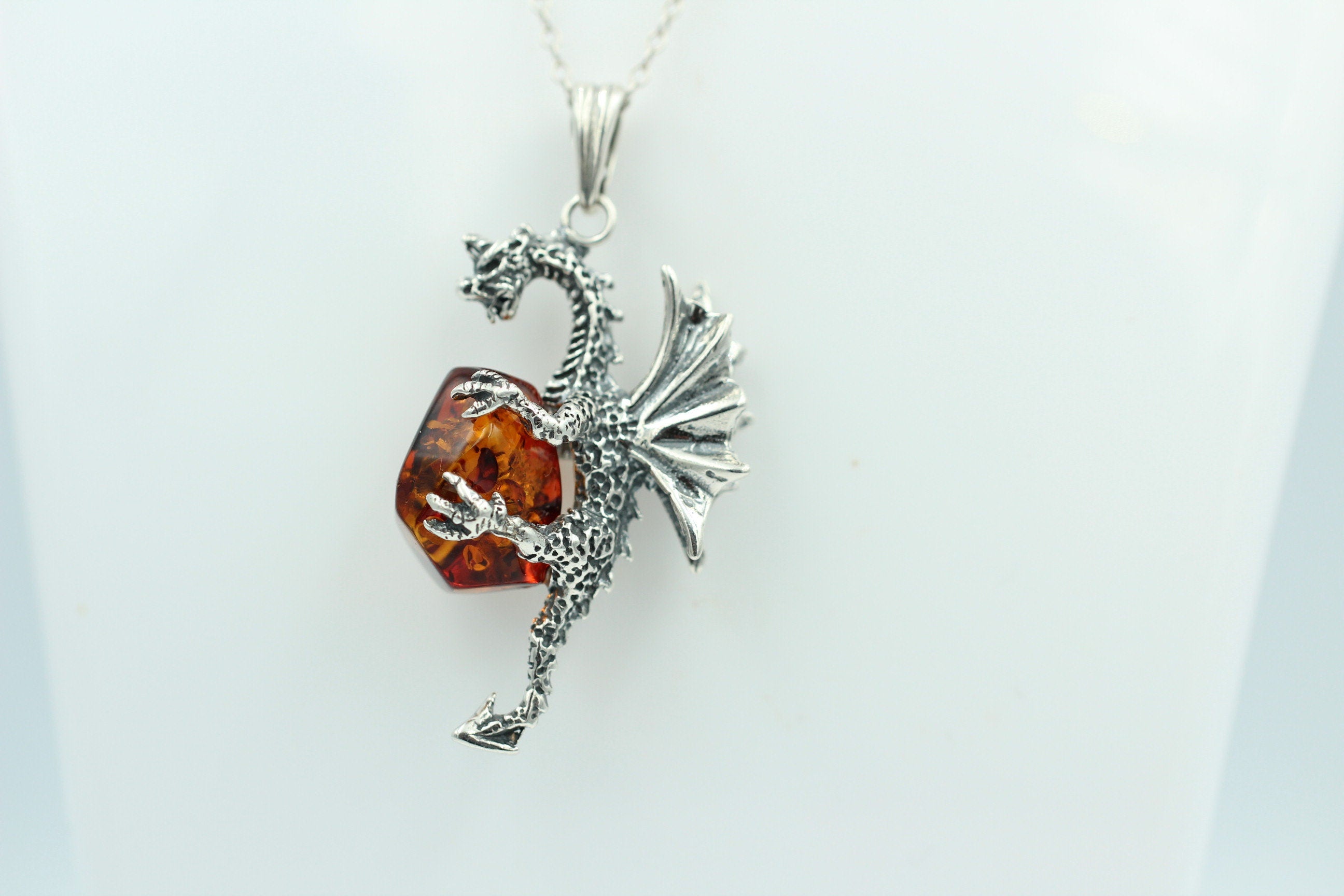 Drache mit Bernstein 925 Silber Drachenanhänger plastisch ausgeführt Top Schmuck