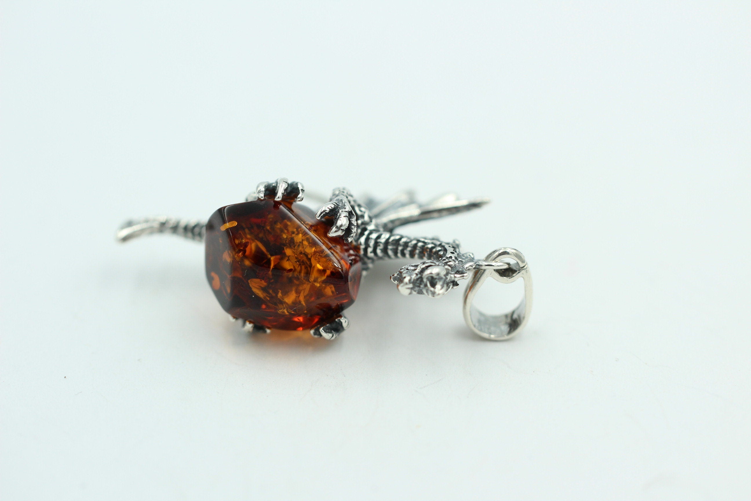 Drache mit Bernstein 925 Silber Drachenanhänger plastisch ausgeführt Top Schmuck