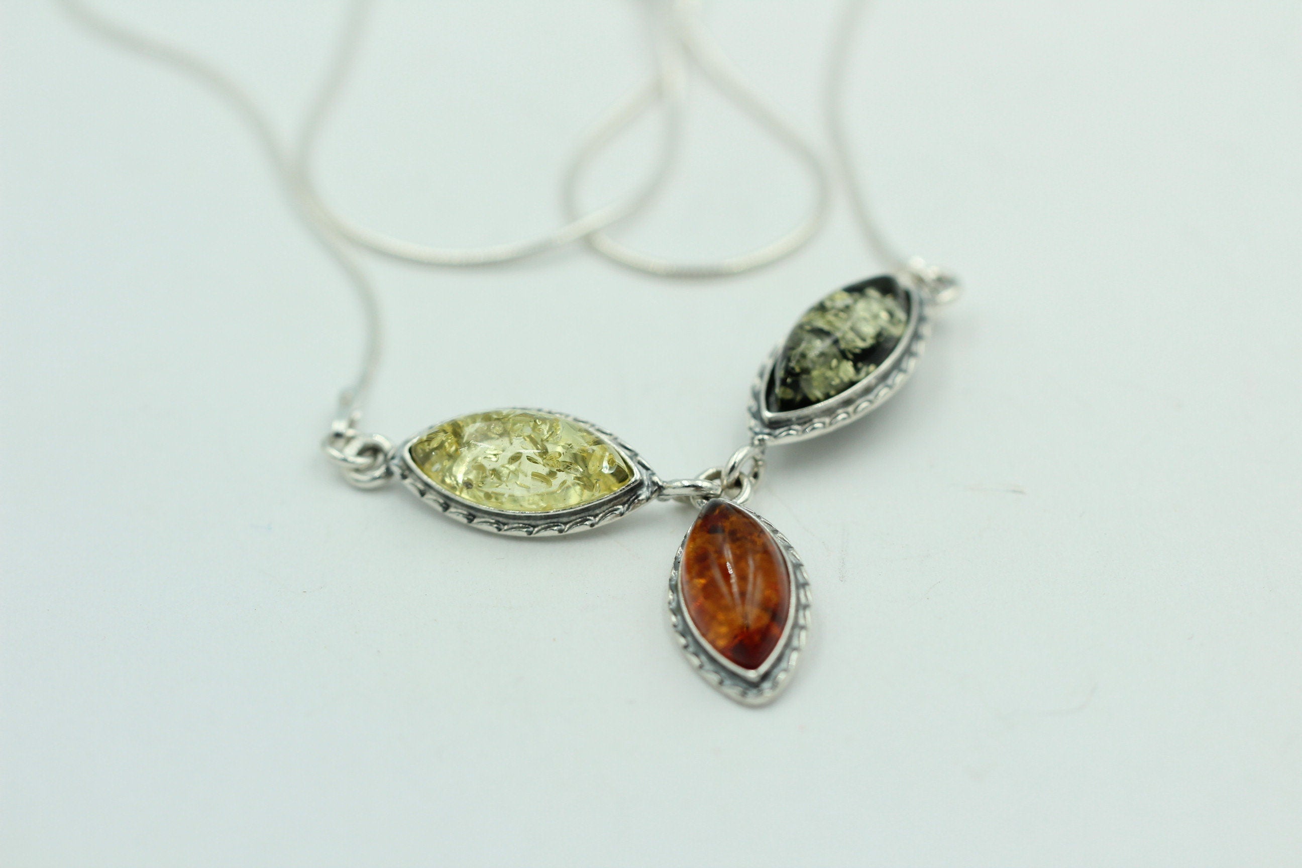 Bernstein Collier dreifarbig 925 Sterling Silber Bernsteinkette ca 42 cm