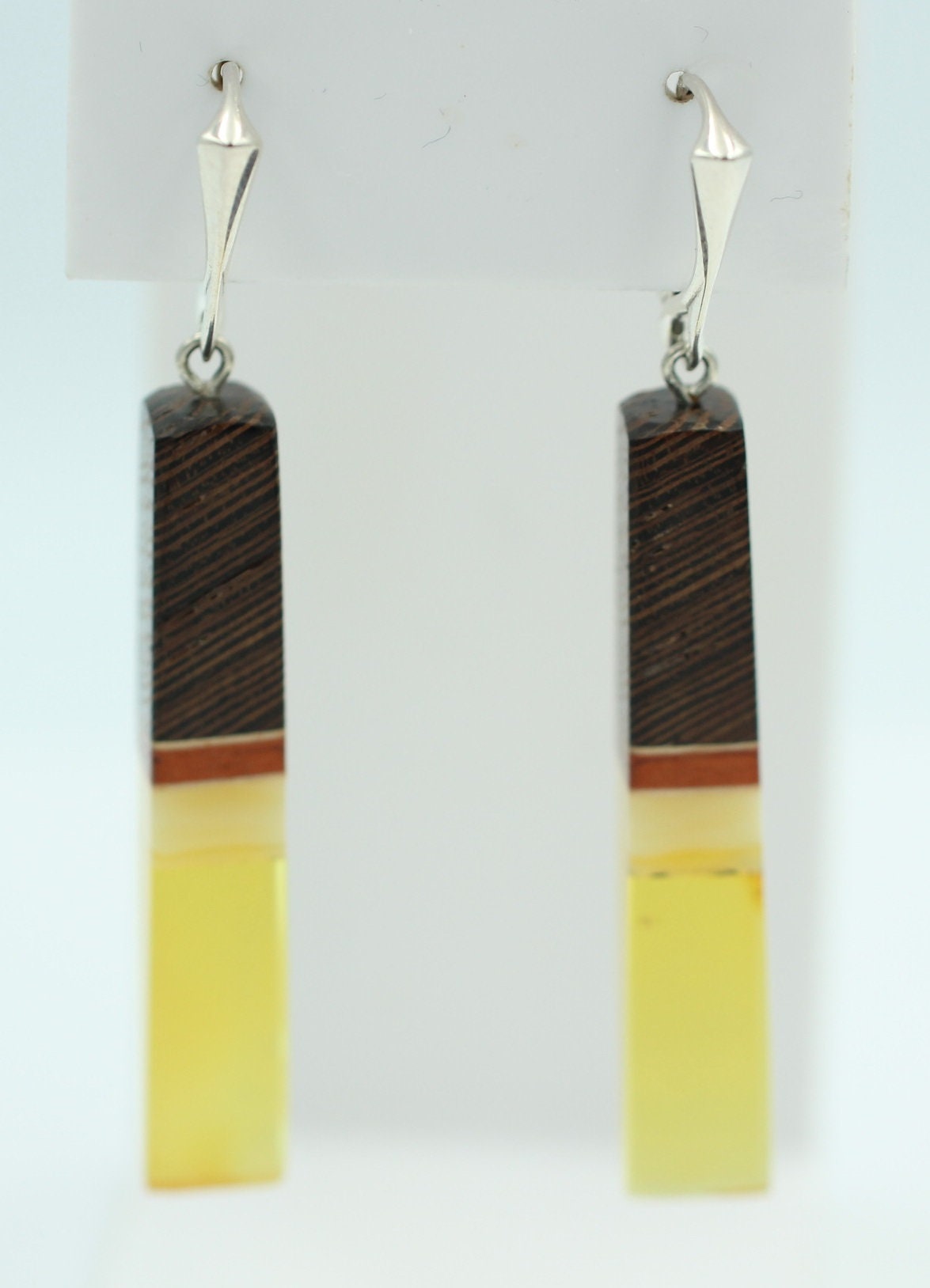 Design Bernsteinohrhänger mit seltenem Wenge Holz 925 Silber Bernstein mit Wenge