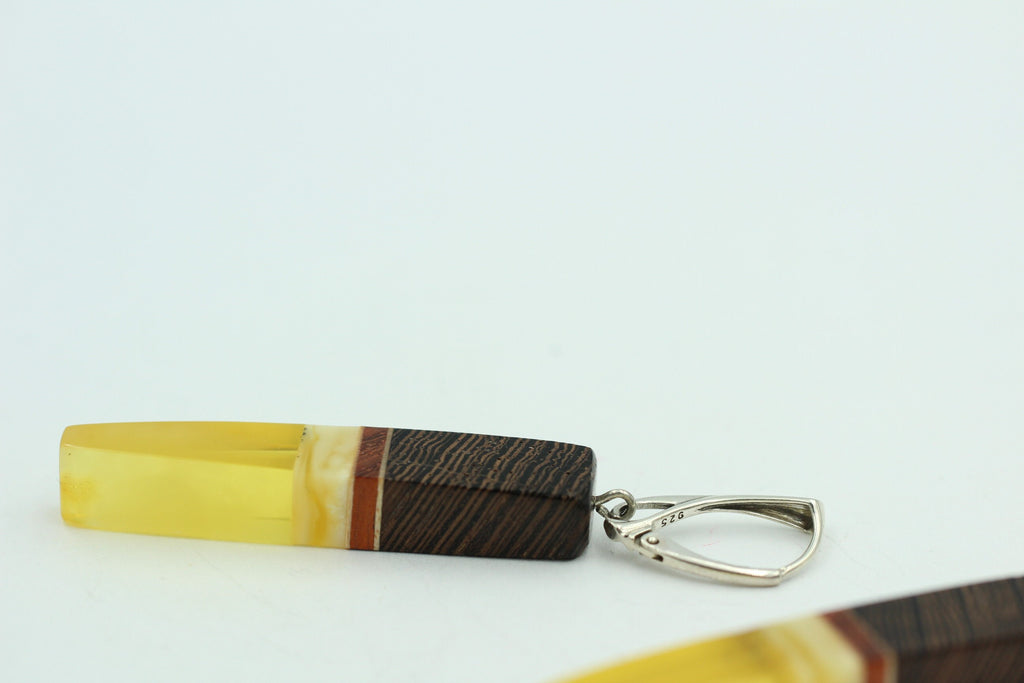 Design Bernsteinohrhänger mit seltenem Wenge Holz 925 Silber Bernstein mit Wenge